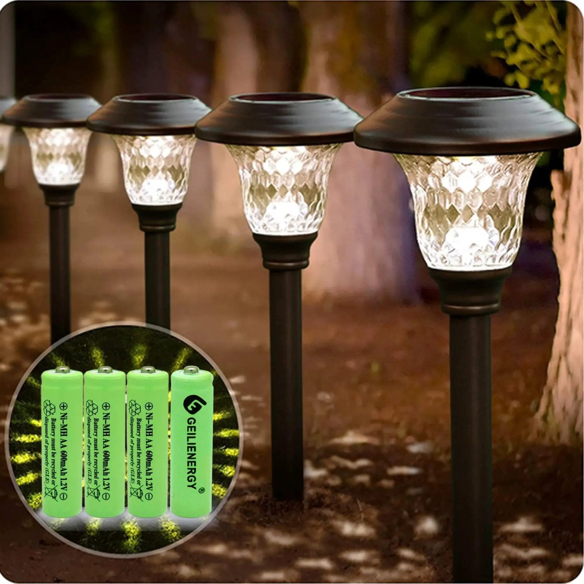 NiMH AA 600mAh 1.2V Rechargeable Batteries For Solar Lights 12 Pack shown with solar garden lamps