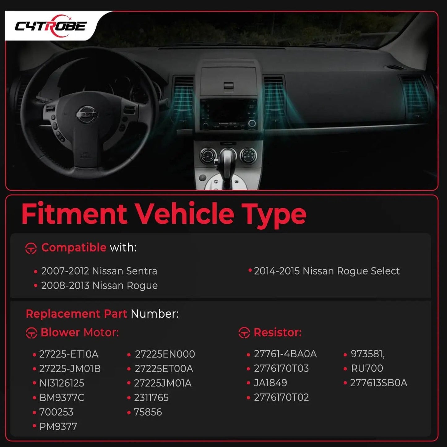 Dashboard display showing fitment for blower motor and resistor assembly for Nissan Sentra 2007-2012 and Rogue 2008-2013.