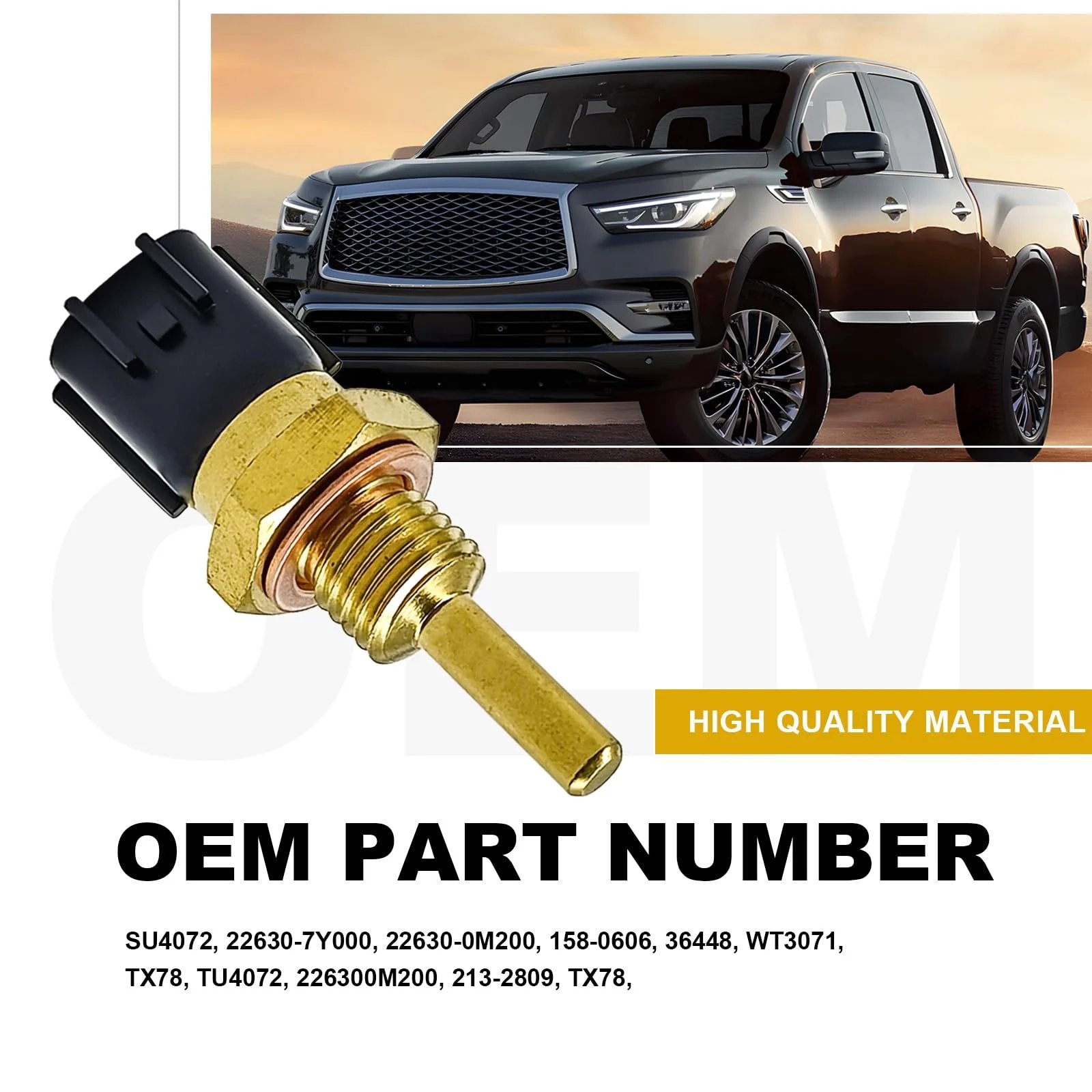 Premium Coolant Temperature Sensor compatible with Nissan and Infiniti vehicles, front view with connector and brass tip.