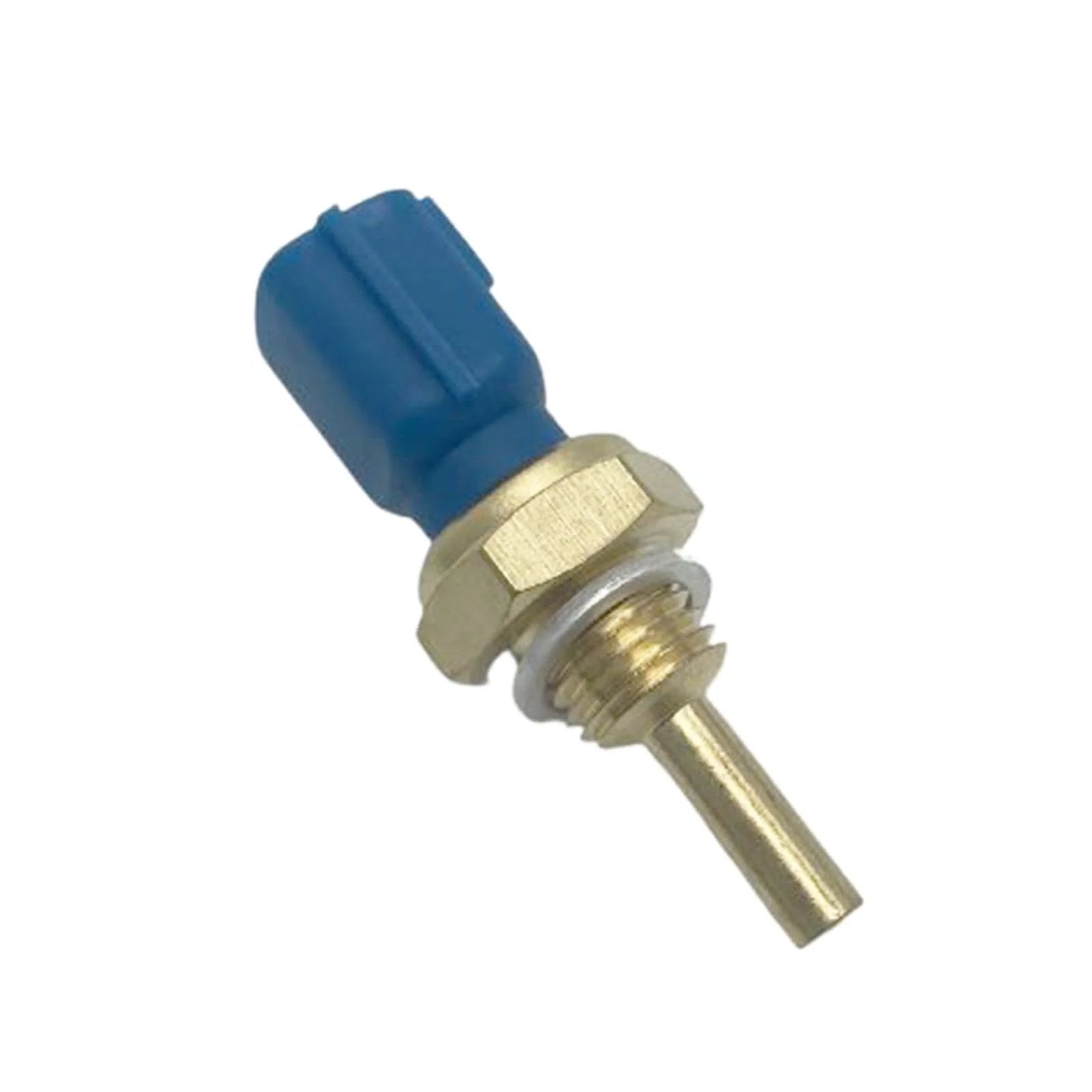 Drop In Engine Coolant Temperature Sensor Compatible With Nissan Altima Frontier Juke Kicks Maxima Murano Pathfinder Rogue Sentra Titan Infiniti JX35 QX60 Replaces 22630 JA10A 2CTS0057 Direct Fit Easy Install For 07 24 Models And More, showing the sensor's brass body and blue connector.