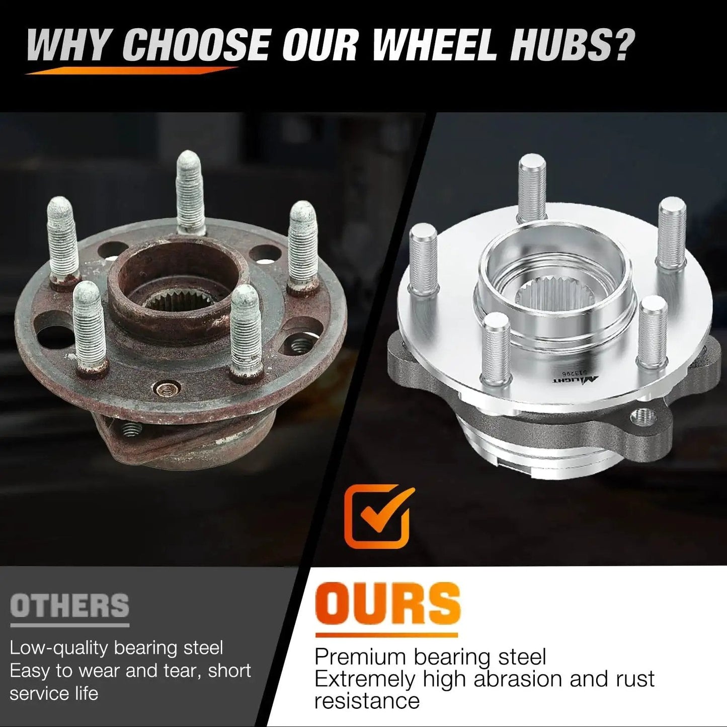 Comparison of a rusty wheel hub and a new Front Wheel Hub Bearing Assembly Compatible With Nissan Altima Murano Maxima Pathfinder Infiniti QX60 JX35 QX50 32 Tooth Spline OE 513296 Replacement Part For Smooth Steering And Quiet Ride
