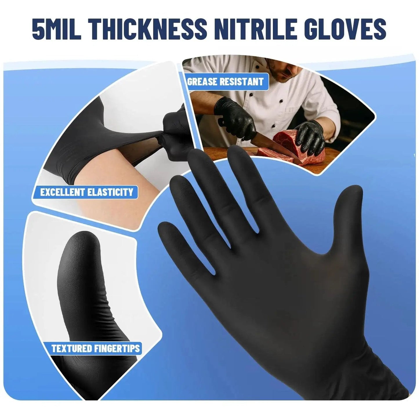 Black nitrile disposable gloves 5 mil latex free powder free, textured fingertips, highlighting elasticity and grease resistance.