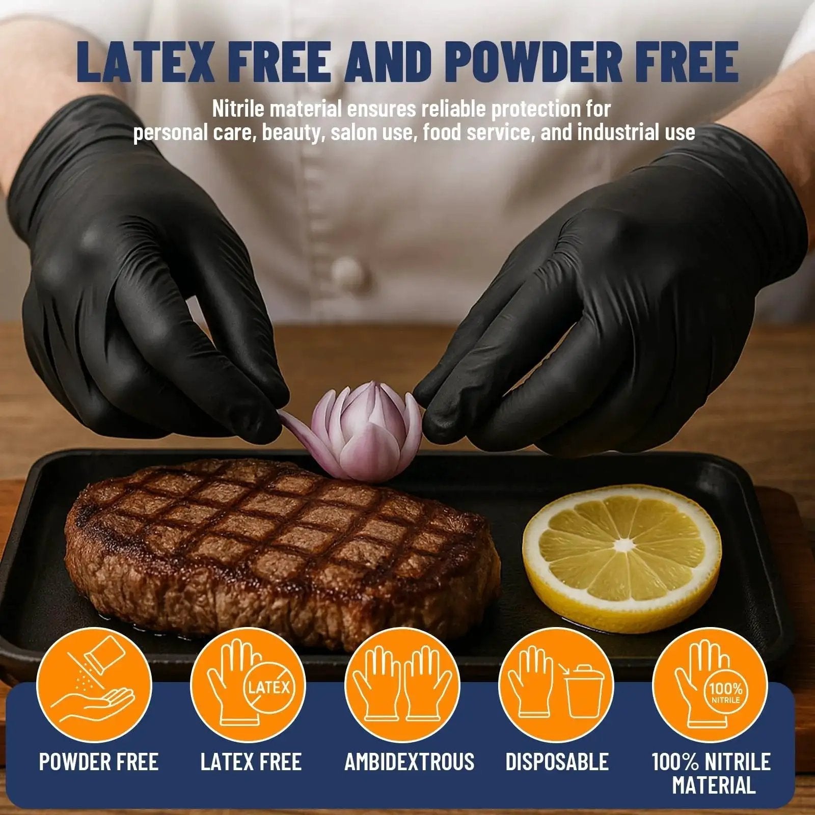 Chef wearing Nitrile Disposable Gloves 5 Mil Latex Free Powder Free Individually Wrapped, handling food on a plate.