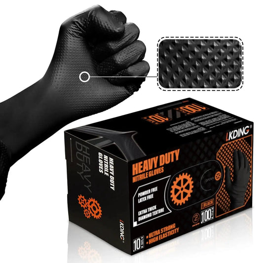 Nitrile Gloves 10 Mil Thick With Diamond Texture Puncture Resistant Powder Free on clenched hand and packaging