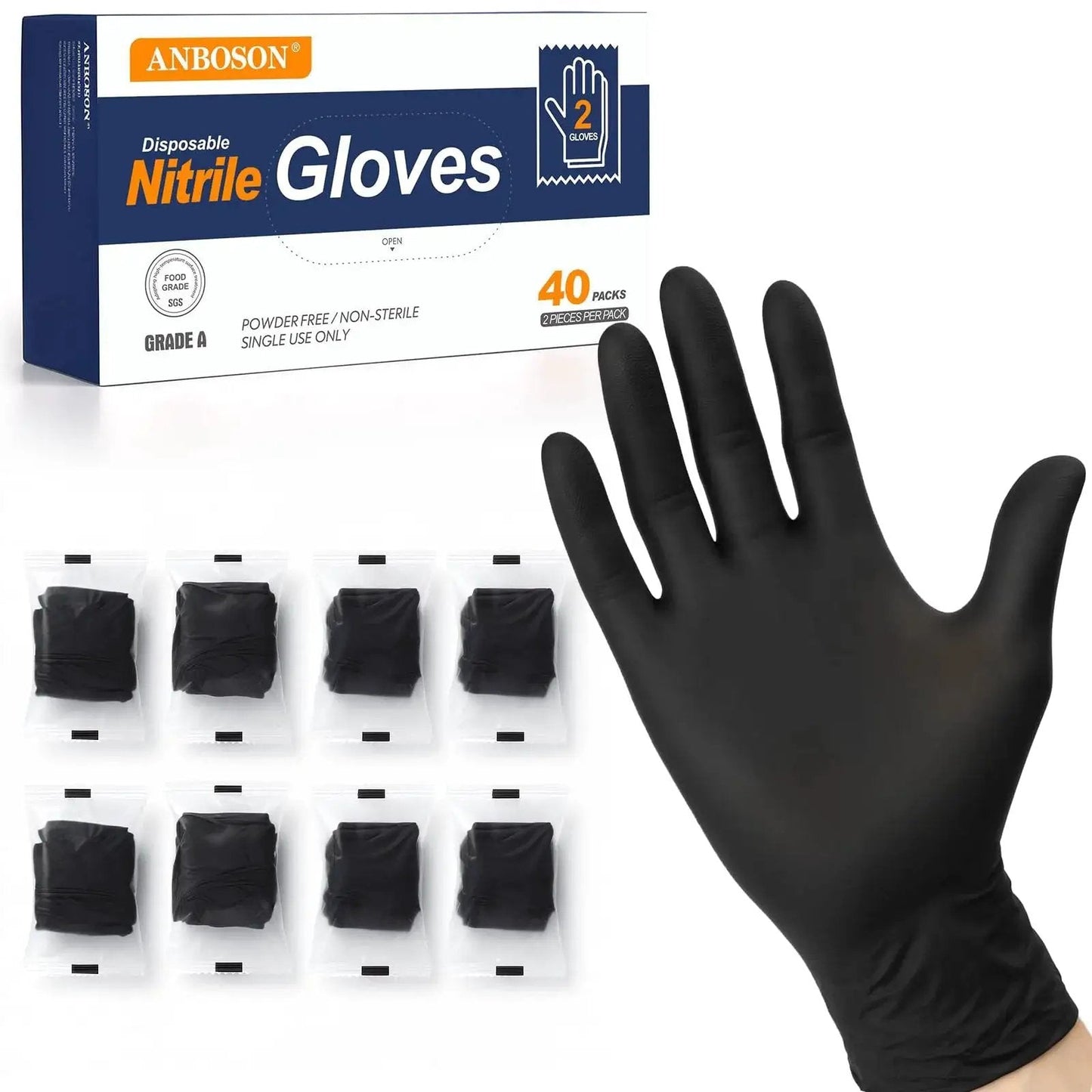 Nitrile Disposable Gloves 5 Mil Latex Free Powder Free Individually Wrapped, box with sealed black gloves and single glove displayed.