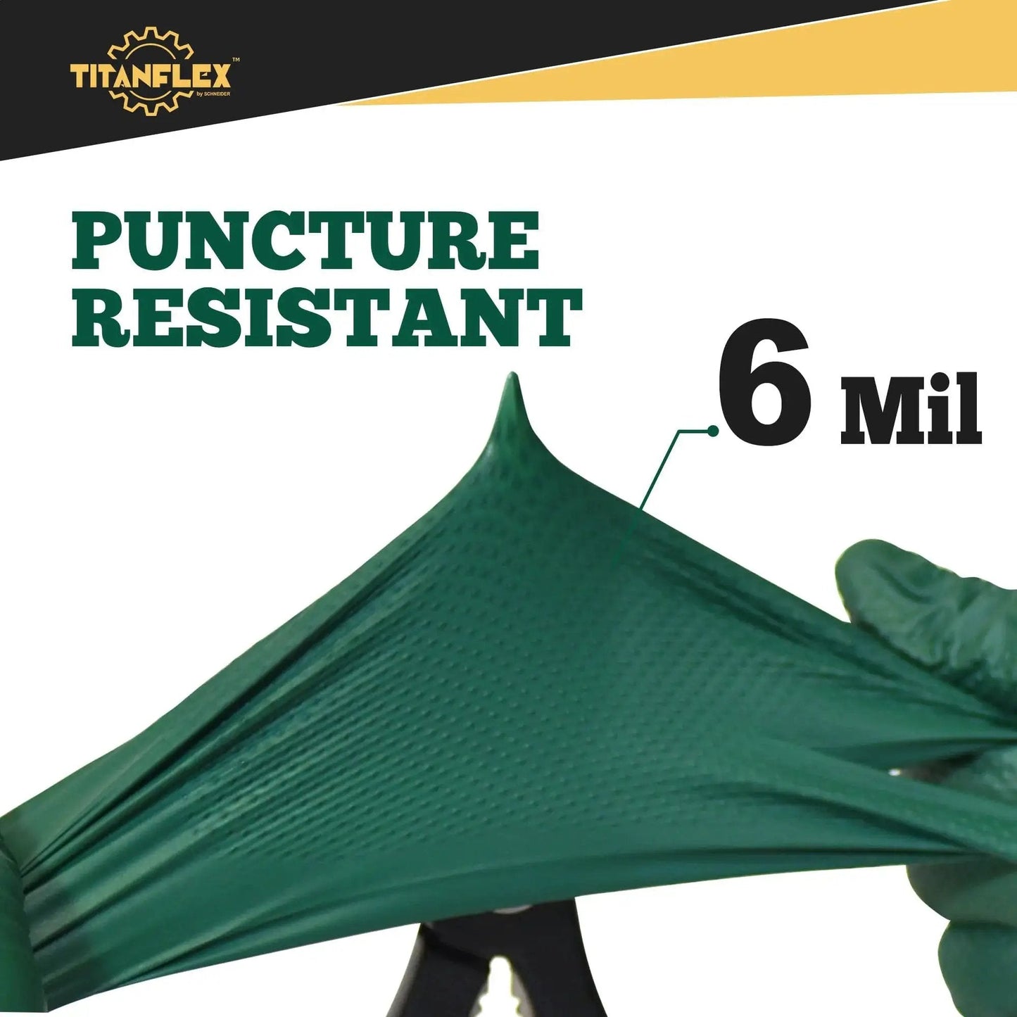 Close-up of hands stretching Heavy Duty Nitrile Gloves 6 Mil Dark Green Diamond Texture Mechanic Latex Free, showing puncture resistance.