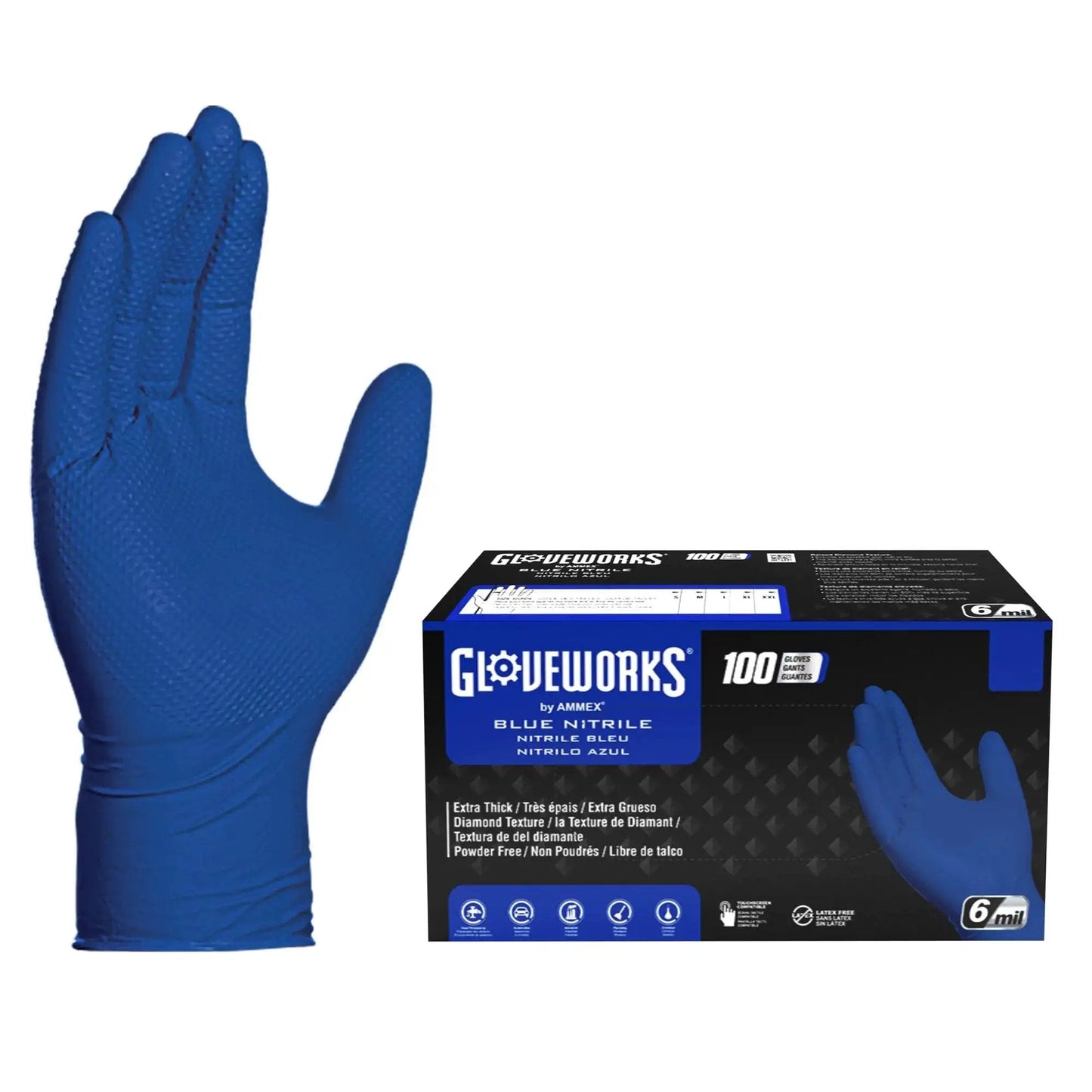 Nitrile Disposable Gloves 6 Mil Latex Free Diamond Texture XX-Large Box Of 100, blue glove with strong grip texture