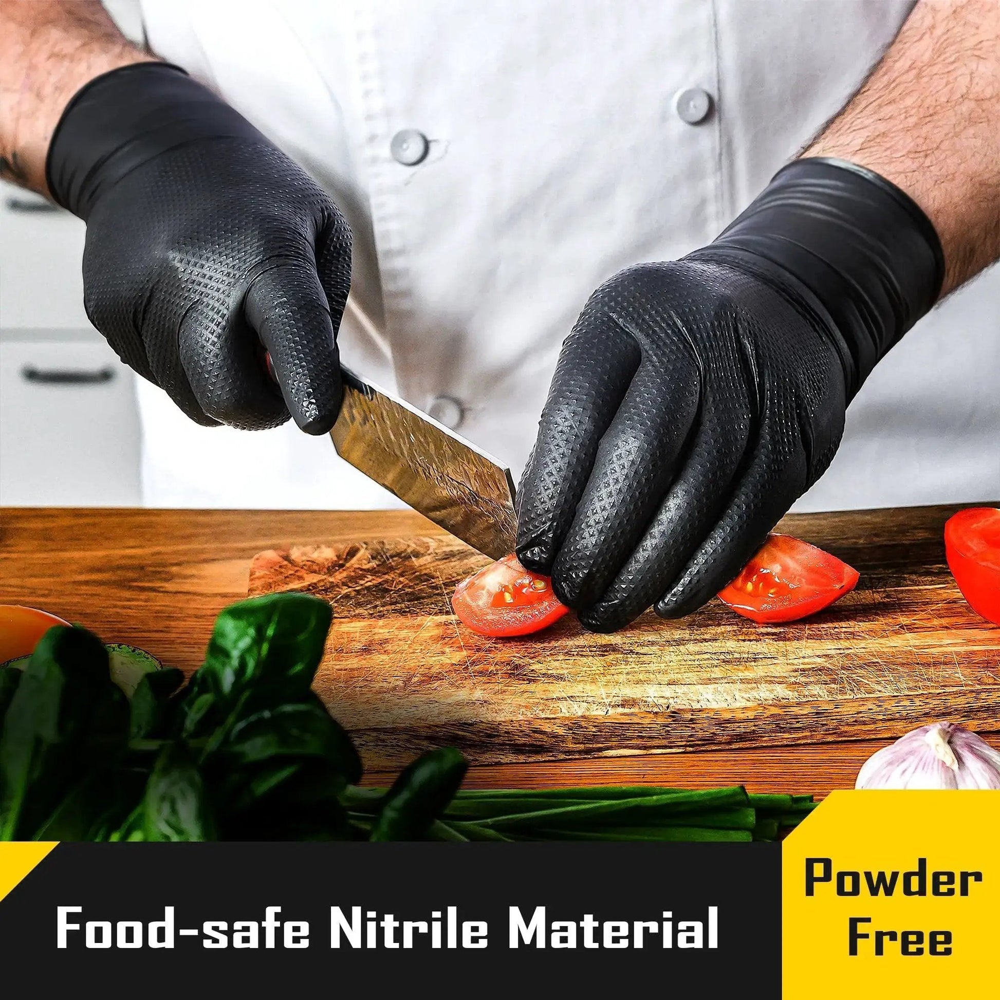 Chef wearing 8 Mil Nitrile Gloves With Diamond Grip For Mechanic Work And Cleaning 100 Ct, slicing tomatoes on cutting board.