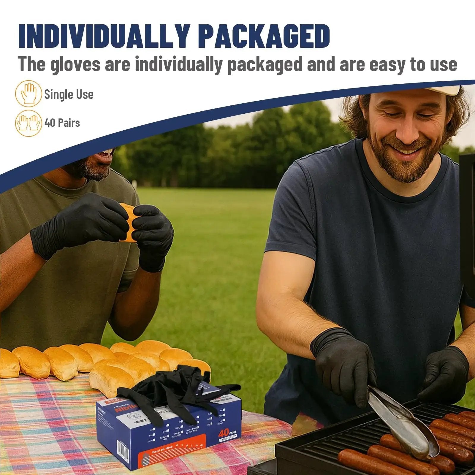 People grilling while wearing Nitrile Disposable Gloves 5 Mil Latex Free Powder Free Individually Wrapped
