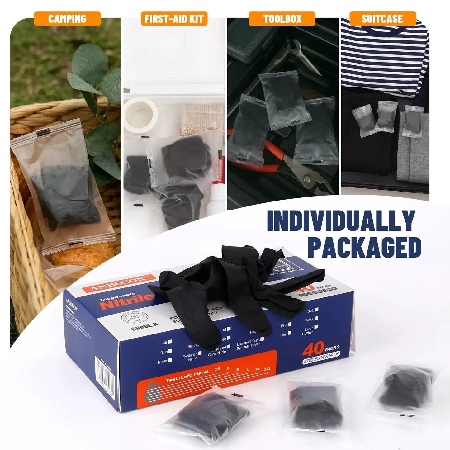 Nitrile Disposable Gloves 5 Mil Latex Free Powder Free Individually Wrapped box with gloves in various settings: camping, first-aid kit, toolbox, suitcase.