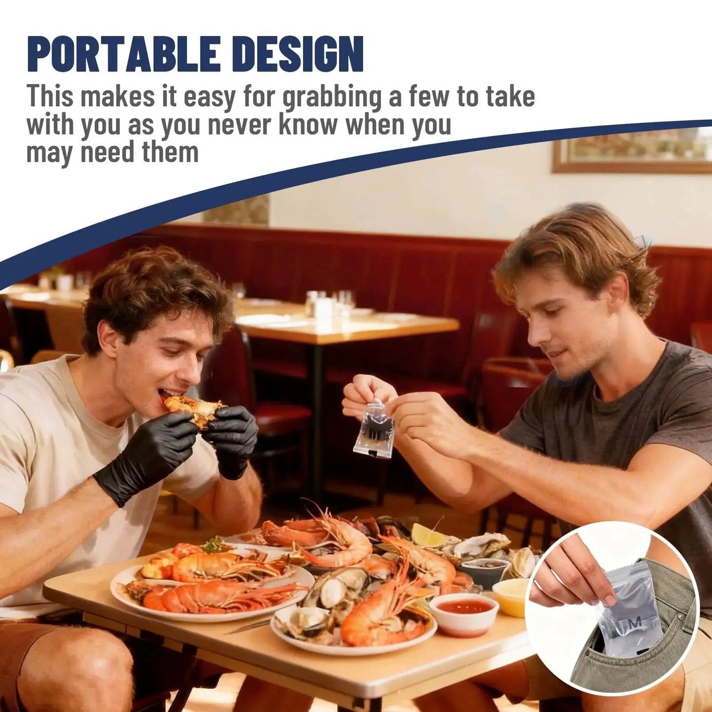 Two men eating seafood at a restaurant table; one wears Nitrile Disposable Gloves 5 Mil Latex Free Powder Free Individually Wrapped.