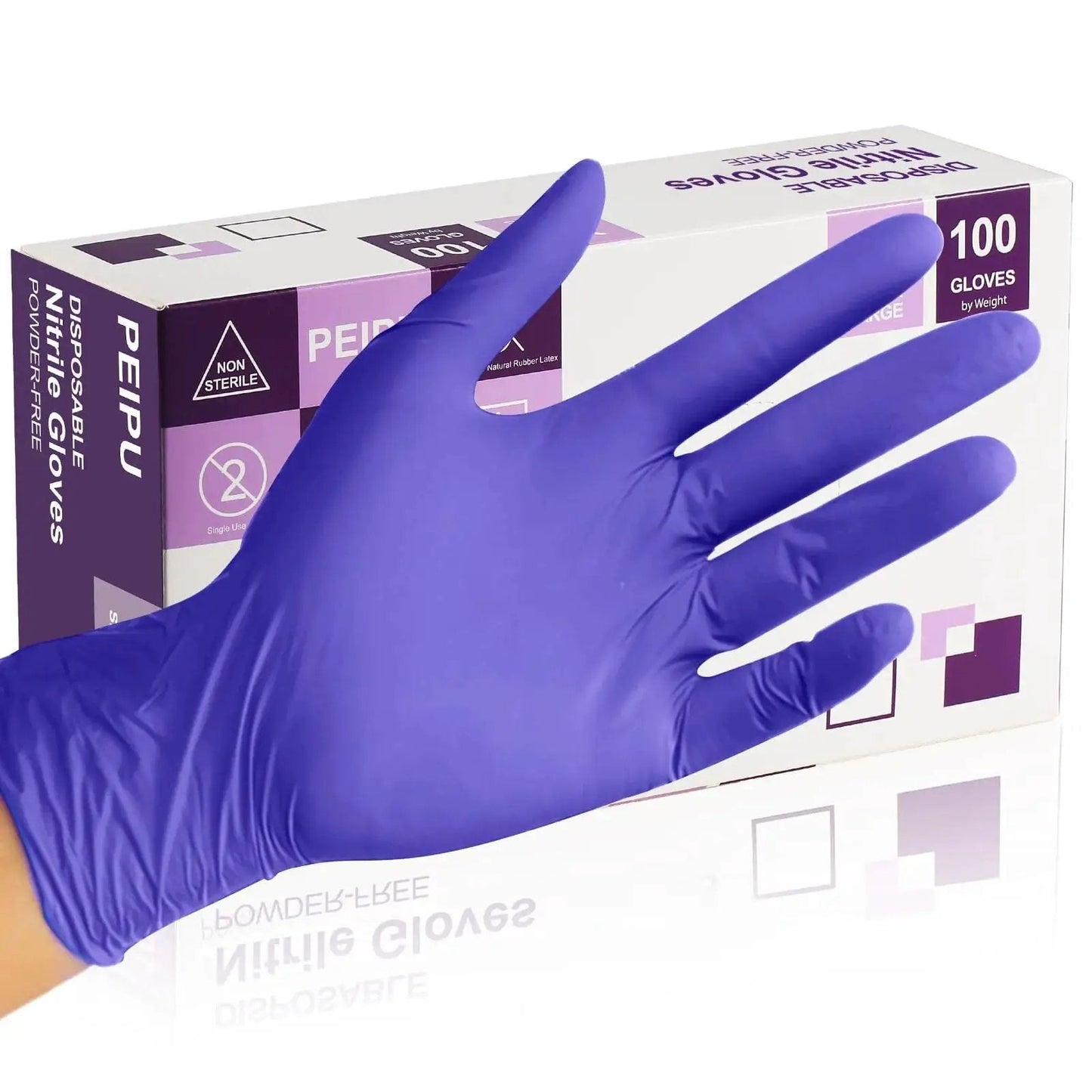 Close-up of hand wearing Nitrile Gloves Powder Free Latex Free 4 Mil Ultra Strong Large 100 Count with packaging in background.