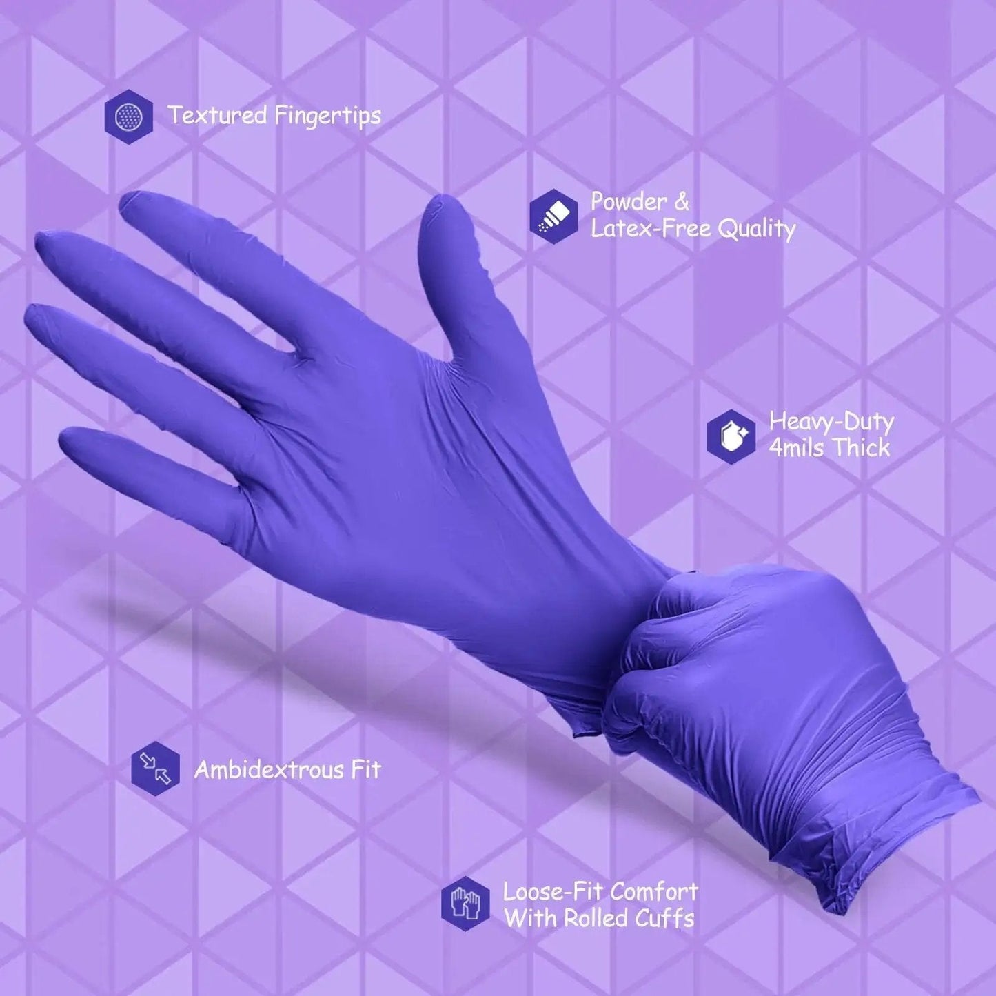 Person wearing Nitrile Gloves Powder Free Latex Free 4 Mil Ultra Strong Large 100 Count with text overlay highlighting features
