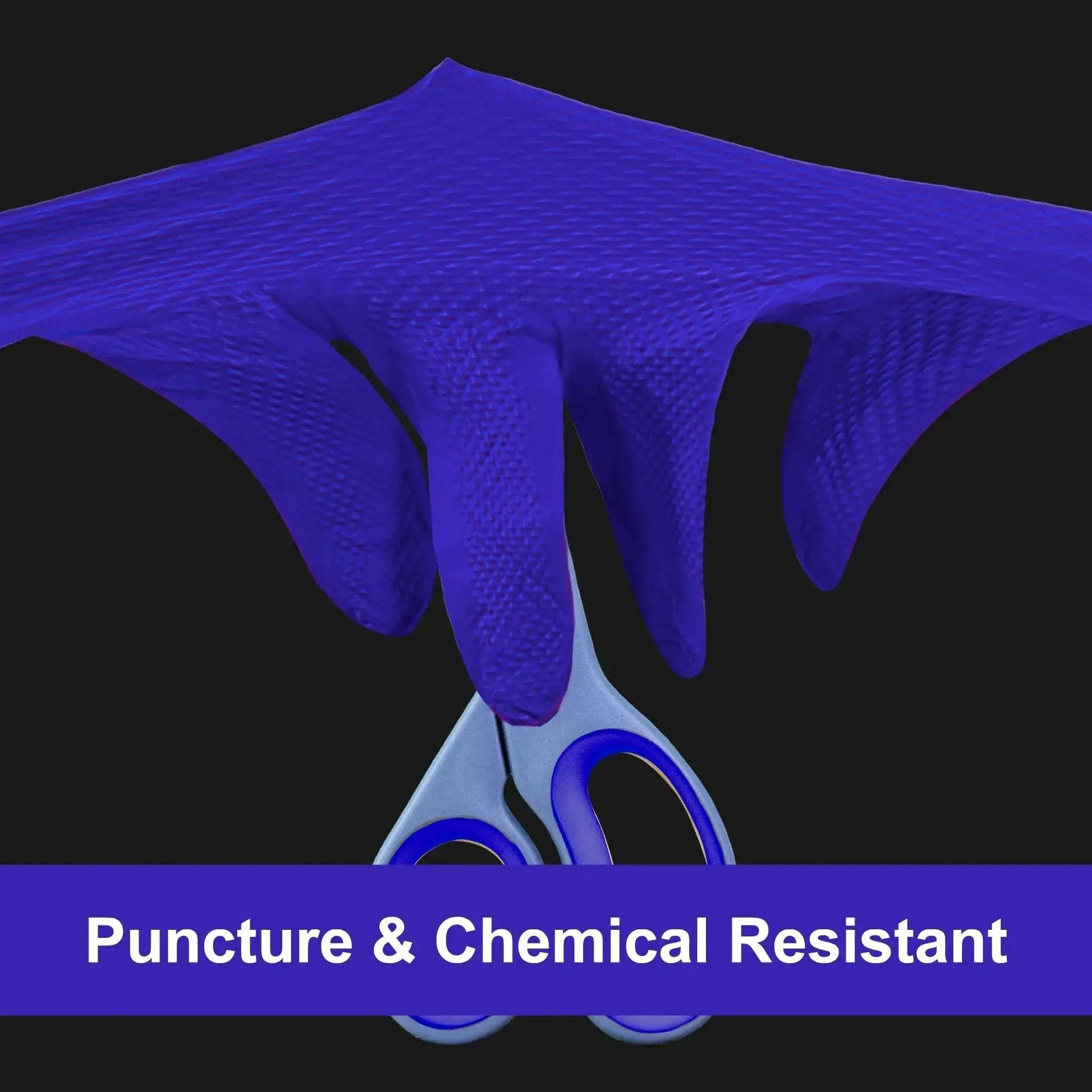 Close-up of blue Nitrile Disposable Gloves 6 Mil Latex Free Diamond Texture XX-Large Box Of 100 gripping scissors