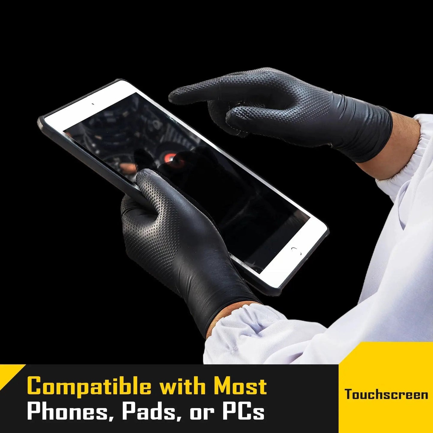 Person using touchscreen device wearing 8 Mil Disposable Nitrile Gloves With Diamond Textured Grip 100 Count
