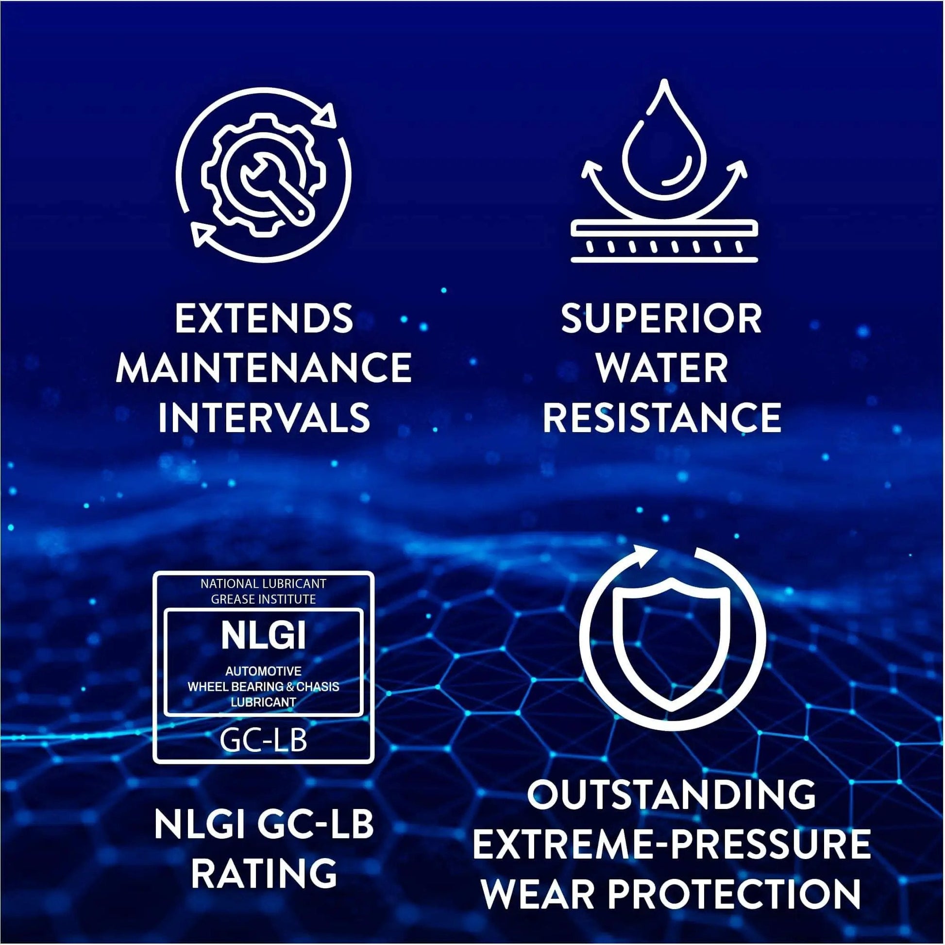 Infographic showing benefits of "Ultra Heavy Duty Red Grease 14 Oz Tubes 10 Pack Waterproof High Temp Lubricant for Metal Surfaces NLGI 2"