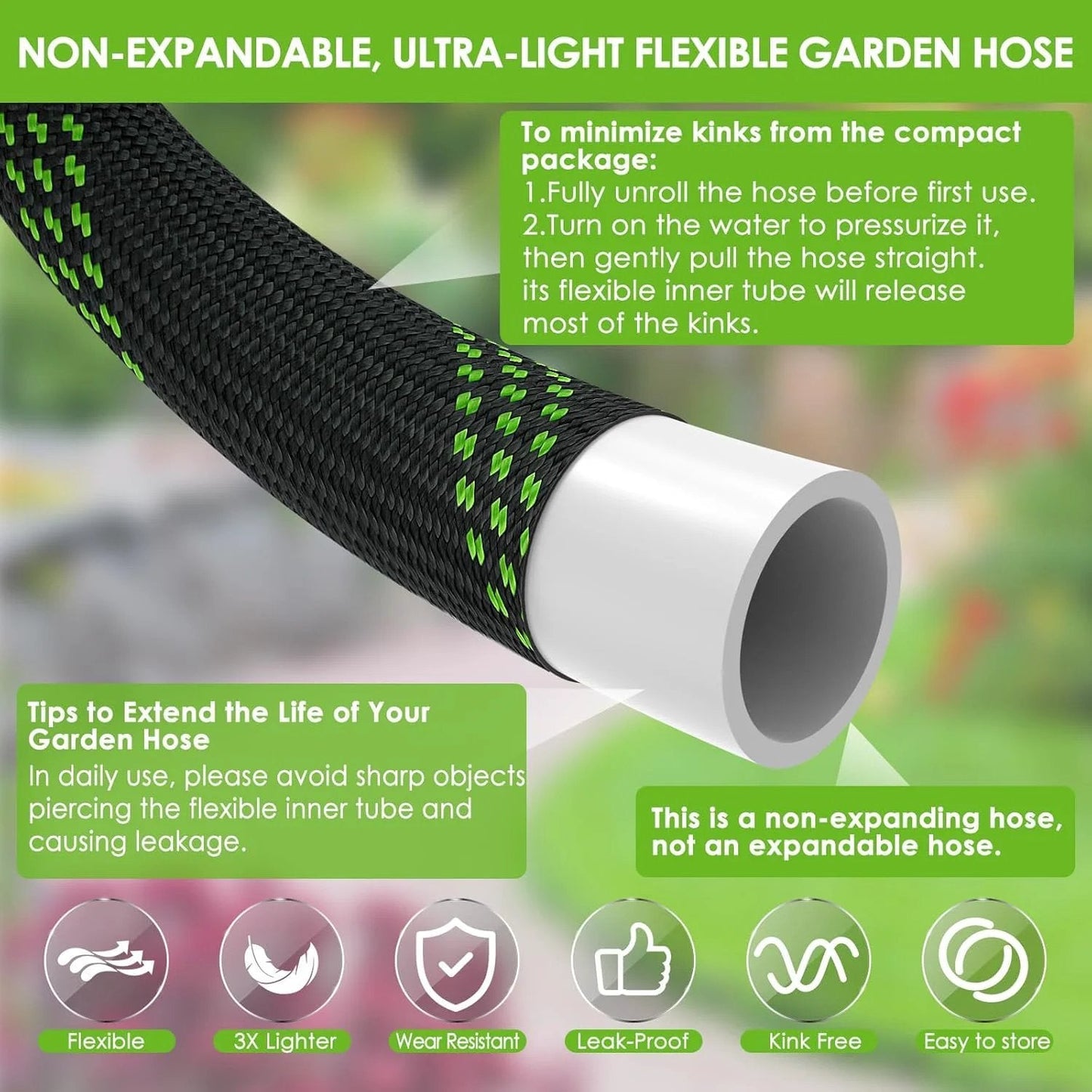 Close-up view of Non Expandable Garden Hose 150 Ft Ultra Lightweight And Flexible Water Hose With 10 Pattern Spray Nozzle showing high-density fabric.