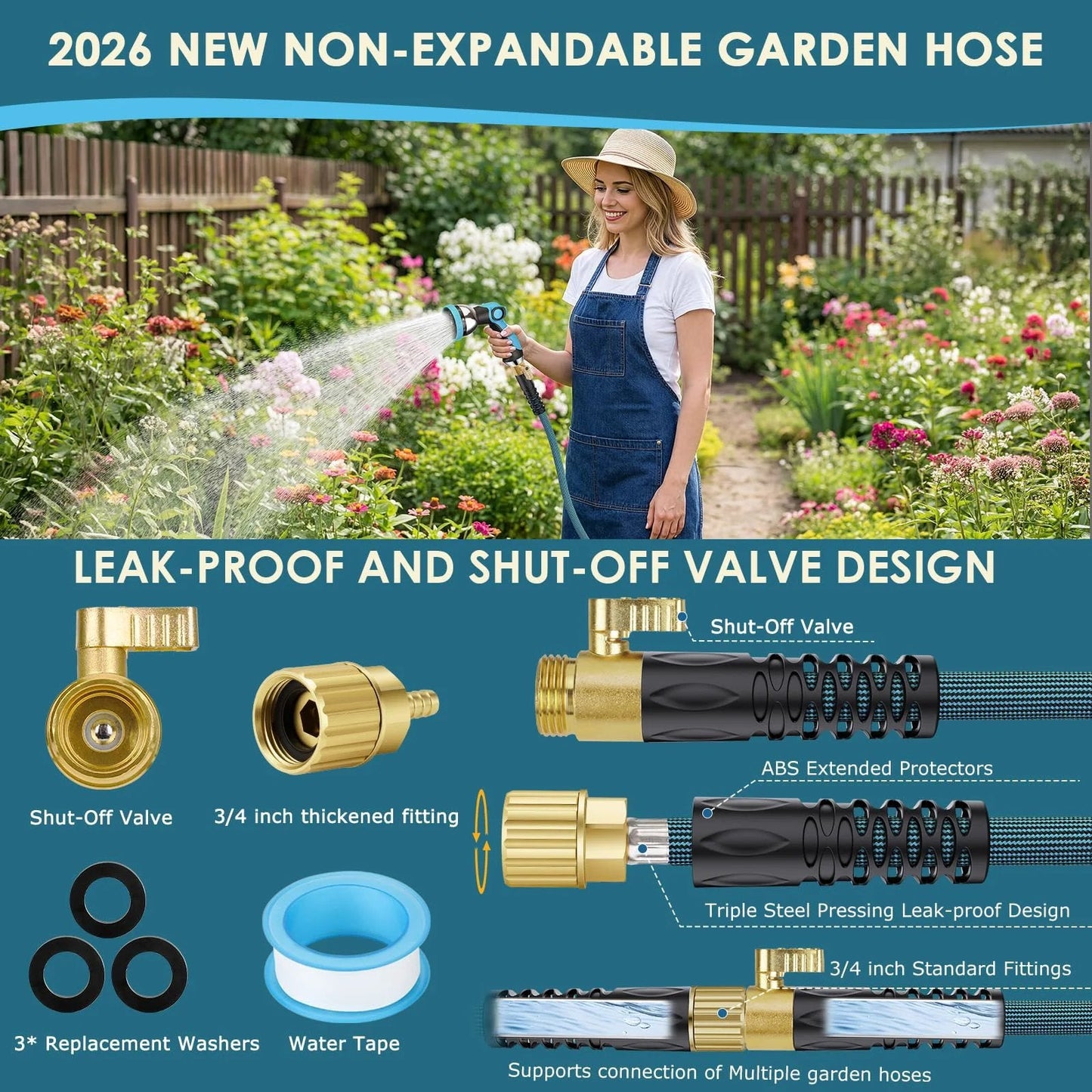 2026 Ultra Lightweight Garden Hose 150 Ft Non Expandable With 10 Pattern Nozzle And Shut Off Valve Holder included in garden setting.