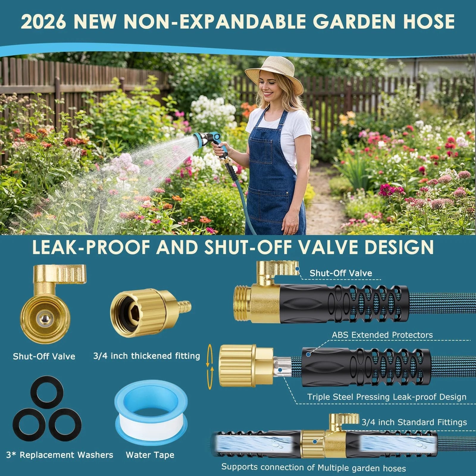 2026 Ultra Lightweight Garden Hose 150 Ft Non Expandable With 10 Pattern Nozzle And Shut Off Valve Holder included in garden setting.