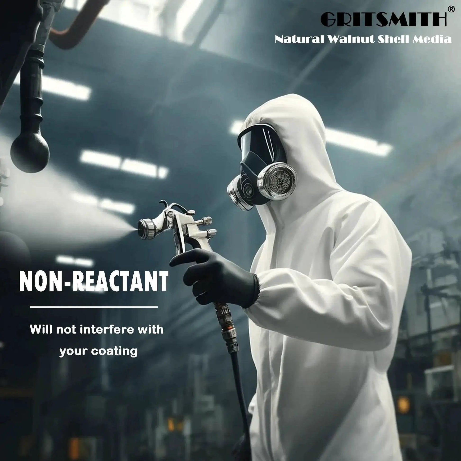 Person in protective suit using blasting equipment with Fine 40 60 Grit Walnut Shell Media for gentle blasting shown in an industrial setting.