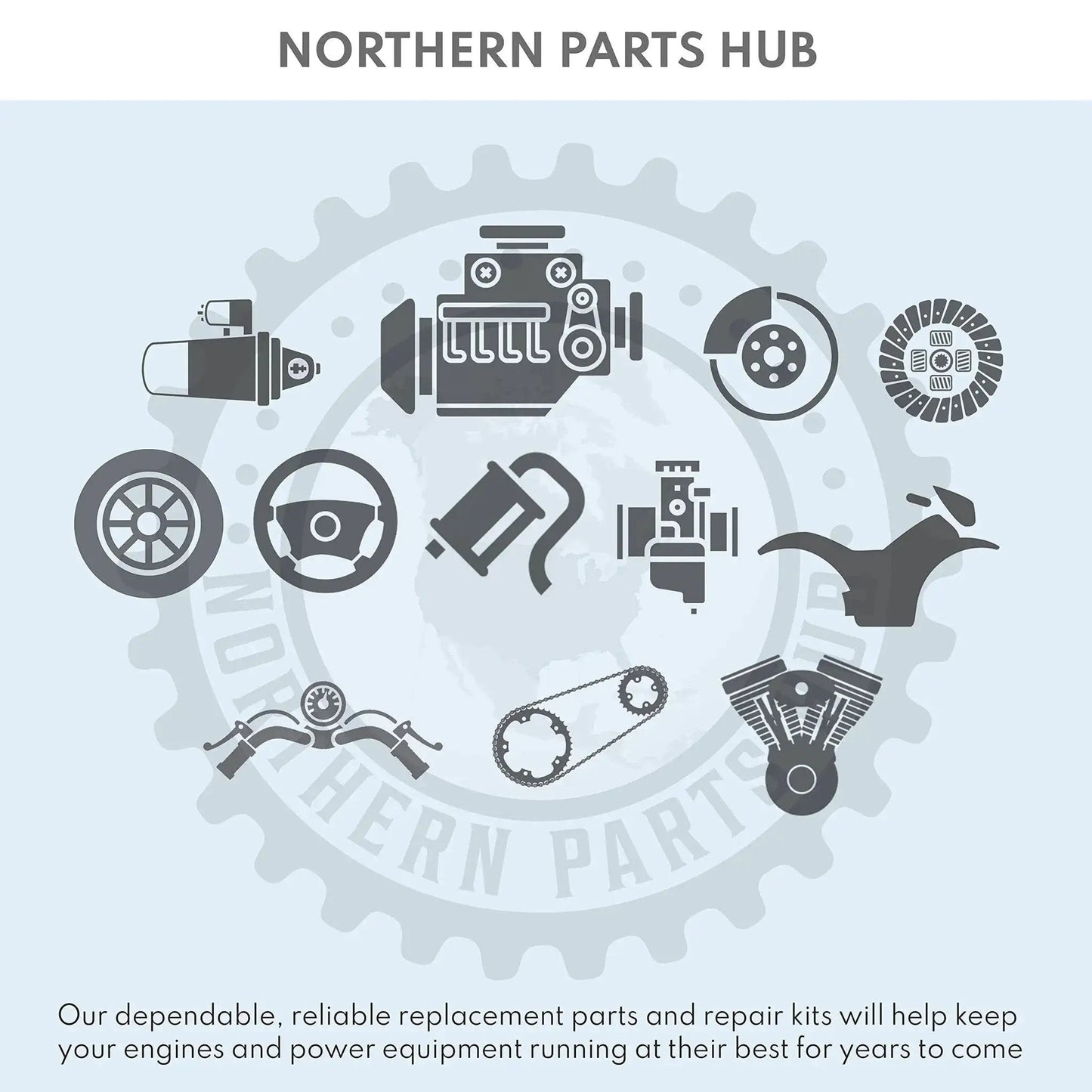 Northern Parts Hub graphic with engine, gear, and chain icons promoting reliable replacement parts and repair kits for engines.