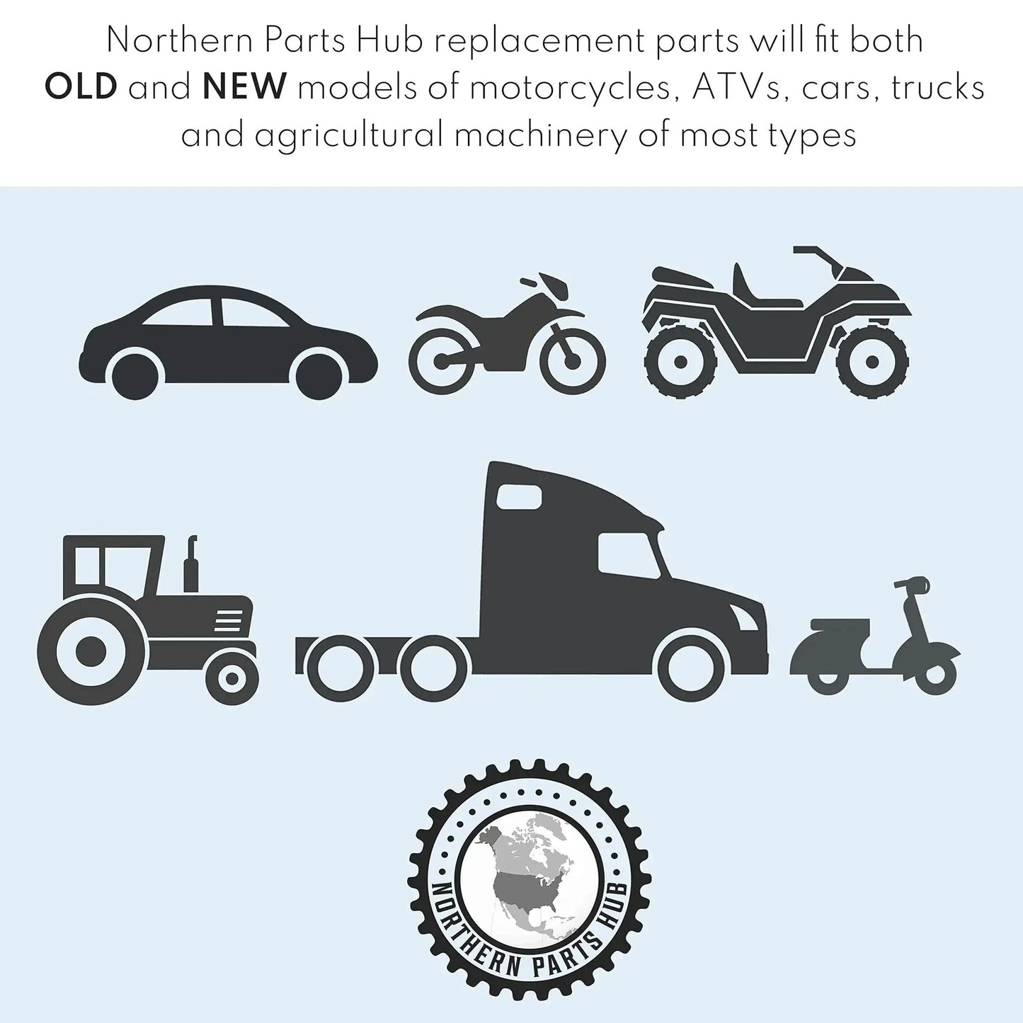 Illustration of vehicles including car, motorcycle, ATV, tractor, semi-truck, and scooter with Northern Parts Hub logo and text.