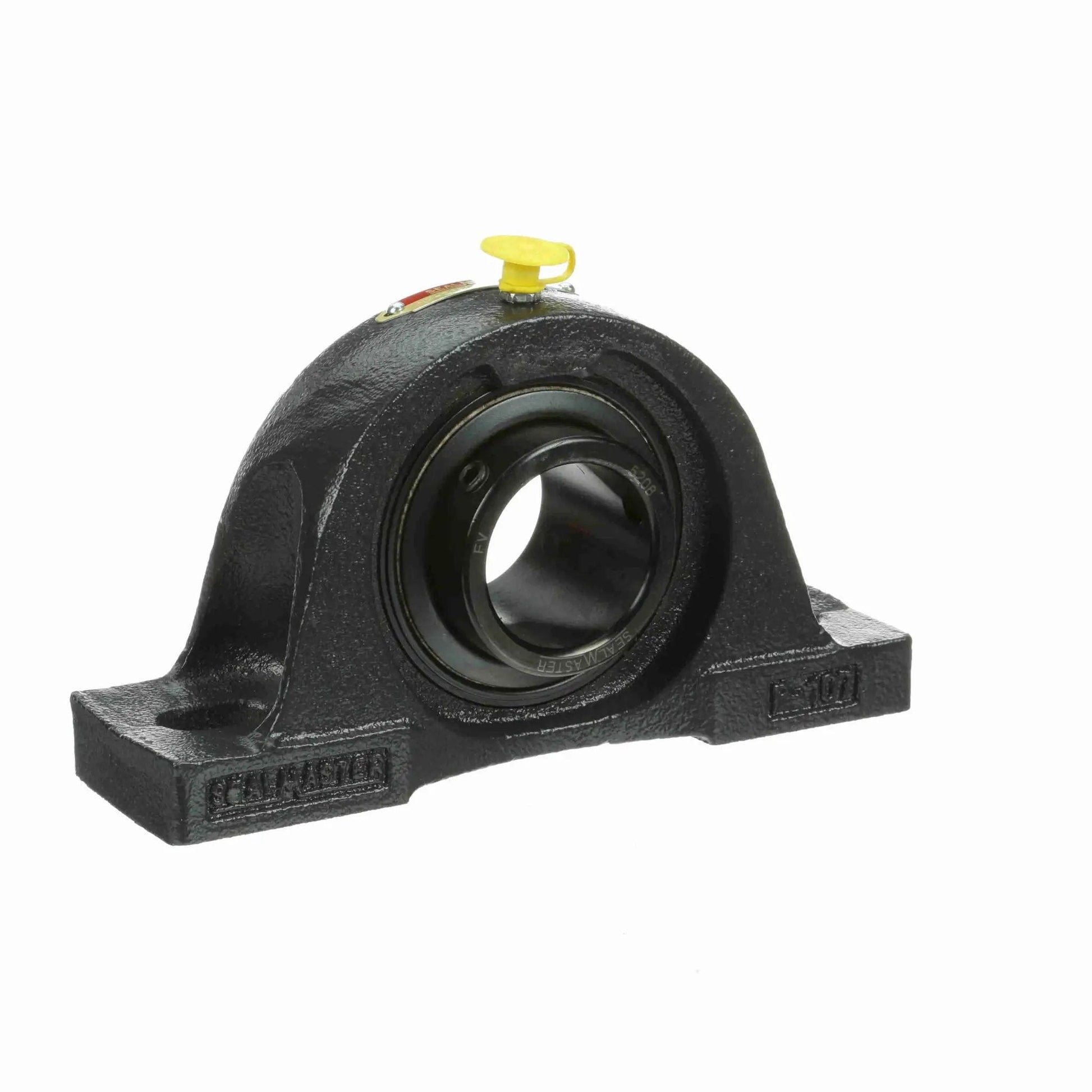 Front view of NP 208 Mounted Cast Iron Two Bolt Pillow Block Ball Bearing Sealmaster Setscrew Lock Black Oxided Steel Housing