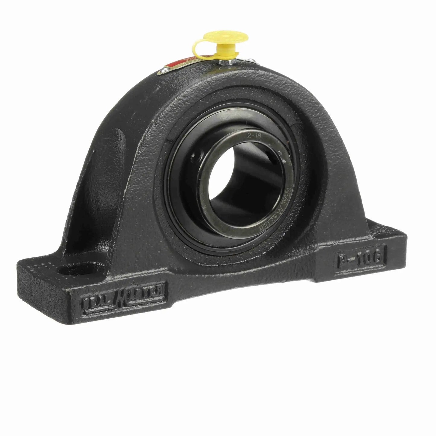 Front view of NP22 Sealmaster Mounted Cast Iron Two Bolt Pillow Block Bearing with black oxide finish and setscrew lock.