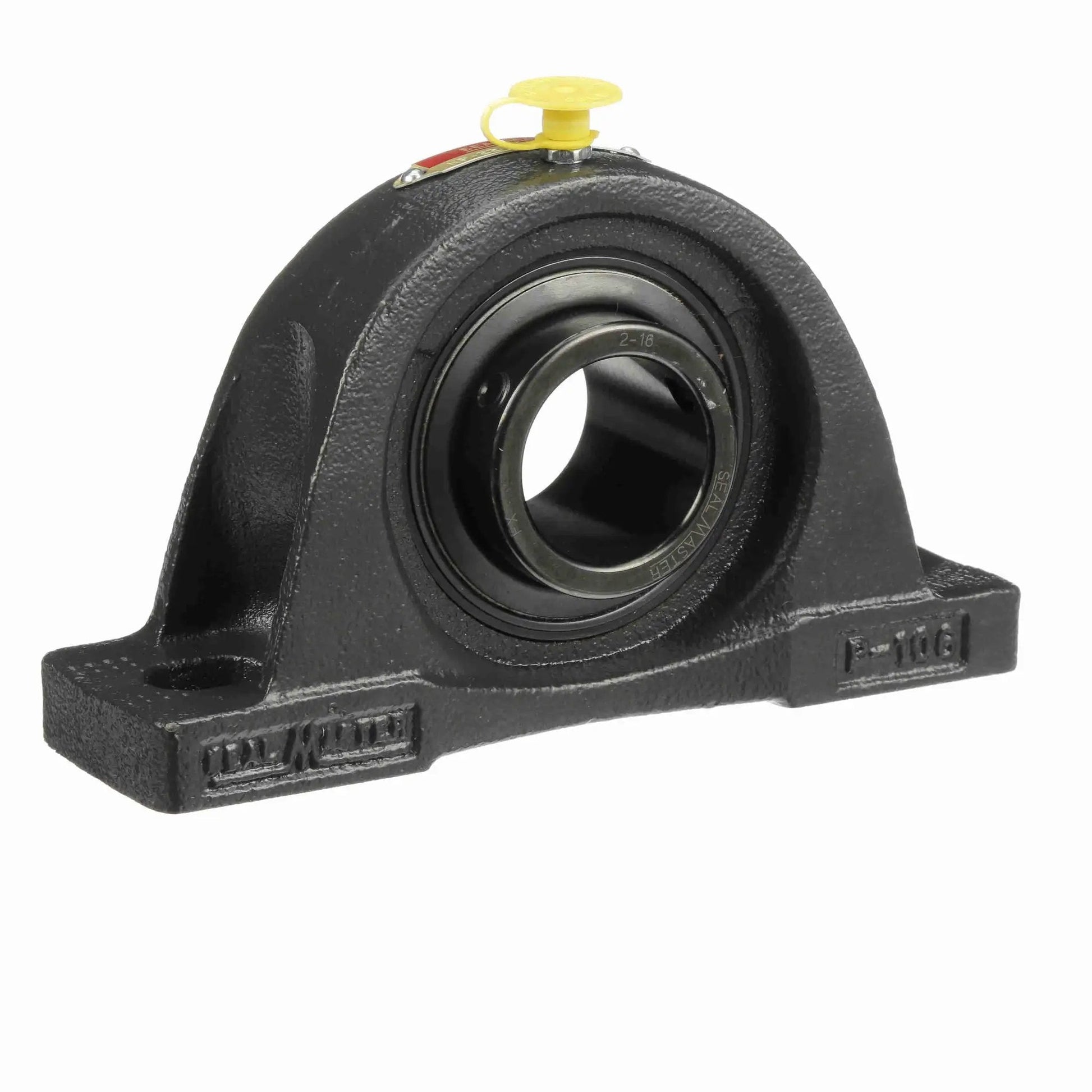 Front view of NP22 Sealmaster Mounted Cast Iron Two Bolt Pillow Block Bearing with black oxide finish and setscrew lock.