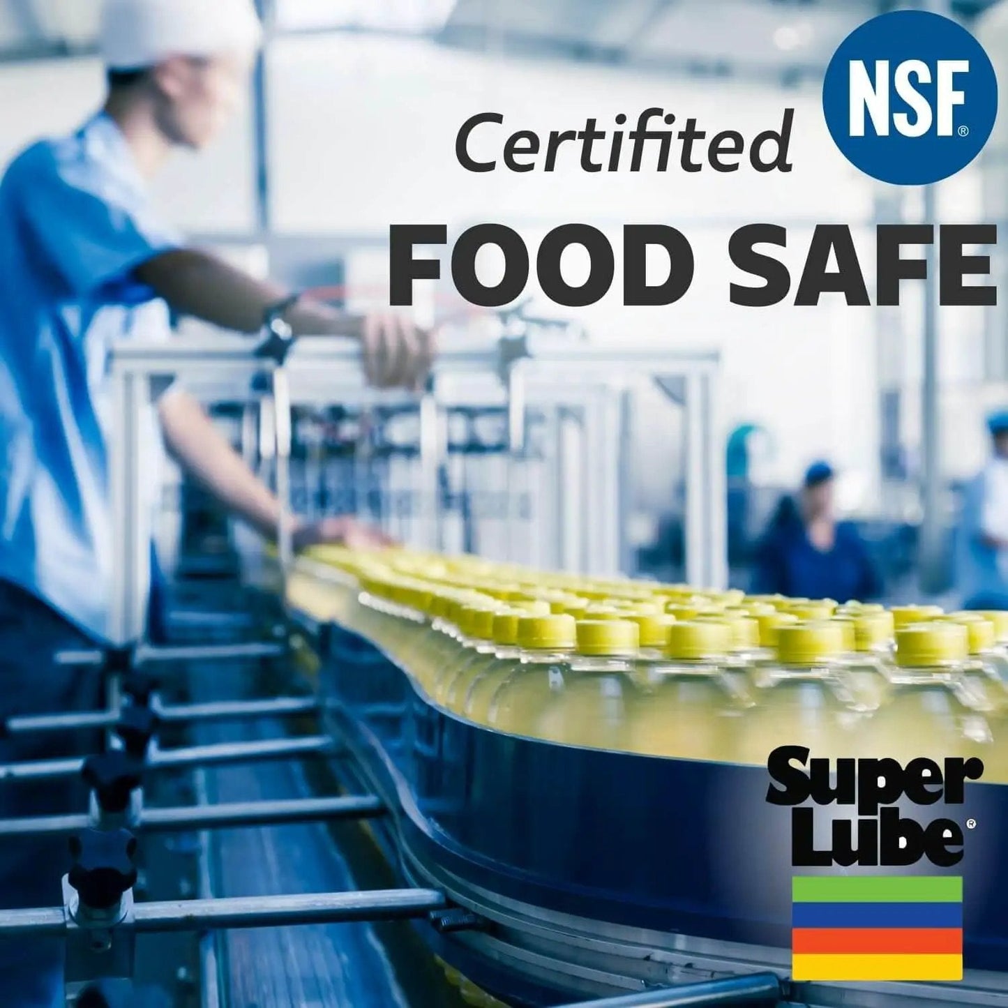 Factory conveyor with labeled Pro Grade Pneumatic Tool Lubricant For Air Tools, NSF Food Grade certification, bottles in production