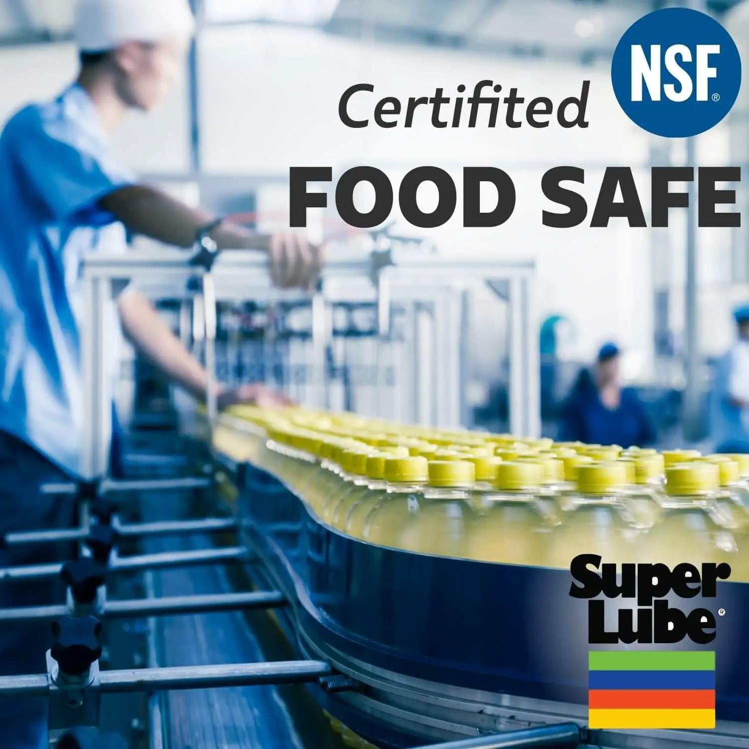 Factory conveyor with labeled Pro Grade Pneumatic Tool Lubricant For Air Tools, NSF Food Grade certification, bottles in production