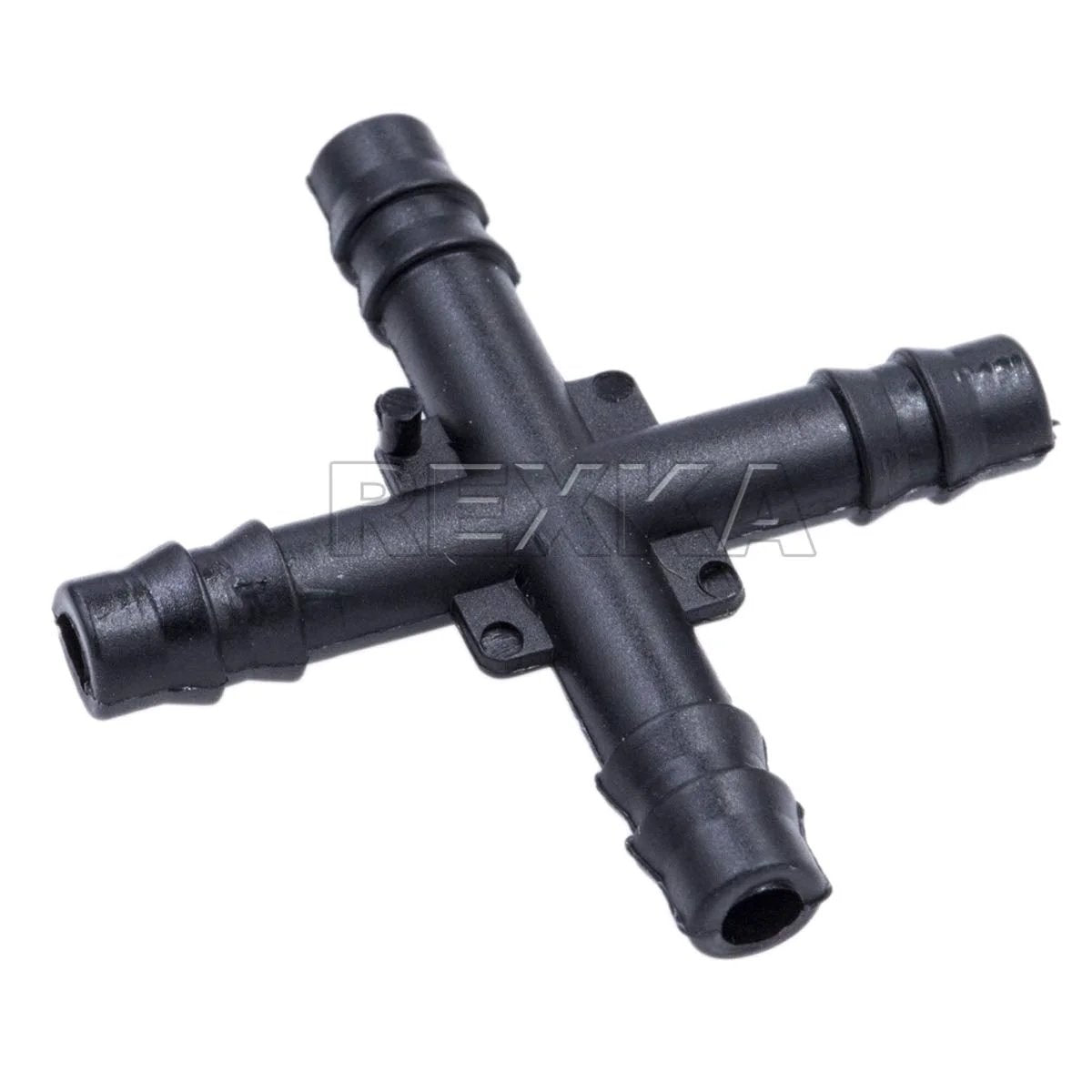 Nylon 4 Way Vacuum Tubing Hose Cross Connector 3/16 All Ends Pack Of 15 For GM Ford Chrysler Replacement Crosses Fits 354400 387042 4241054 Black viewed from the front.