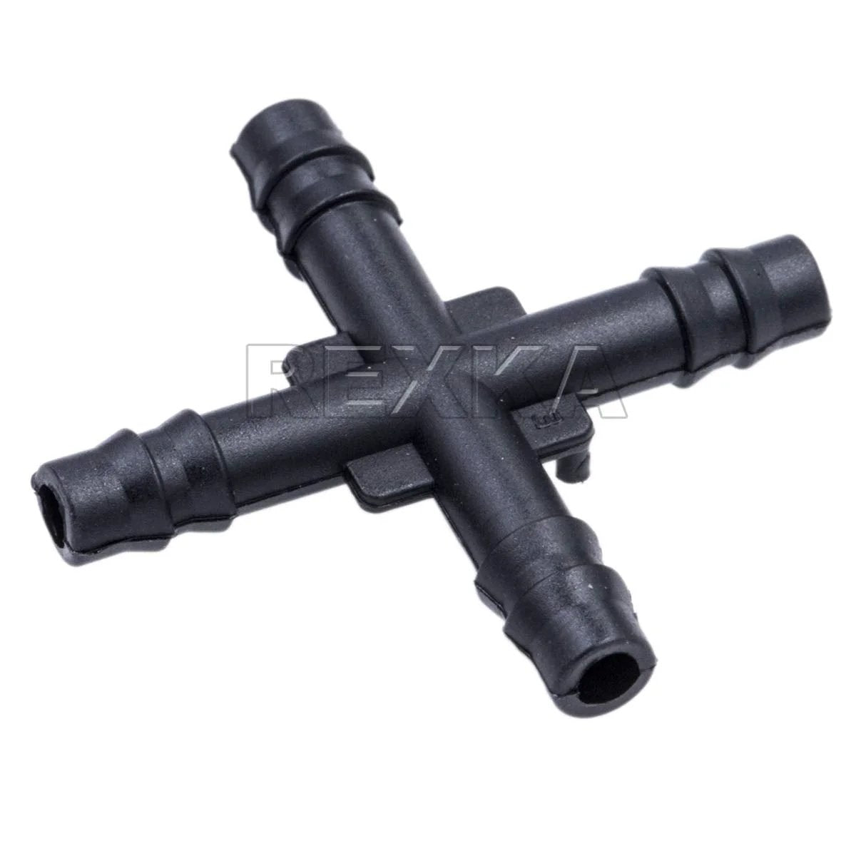 Nylon 4 Way Vacuum Tubing Hose Cross Connector 3/16 All Ends Pack Of 15 For GM Ford Chrysler Replacement Crosses Fits 354400 387042 4241054 Black REXKA close-up view of connector