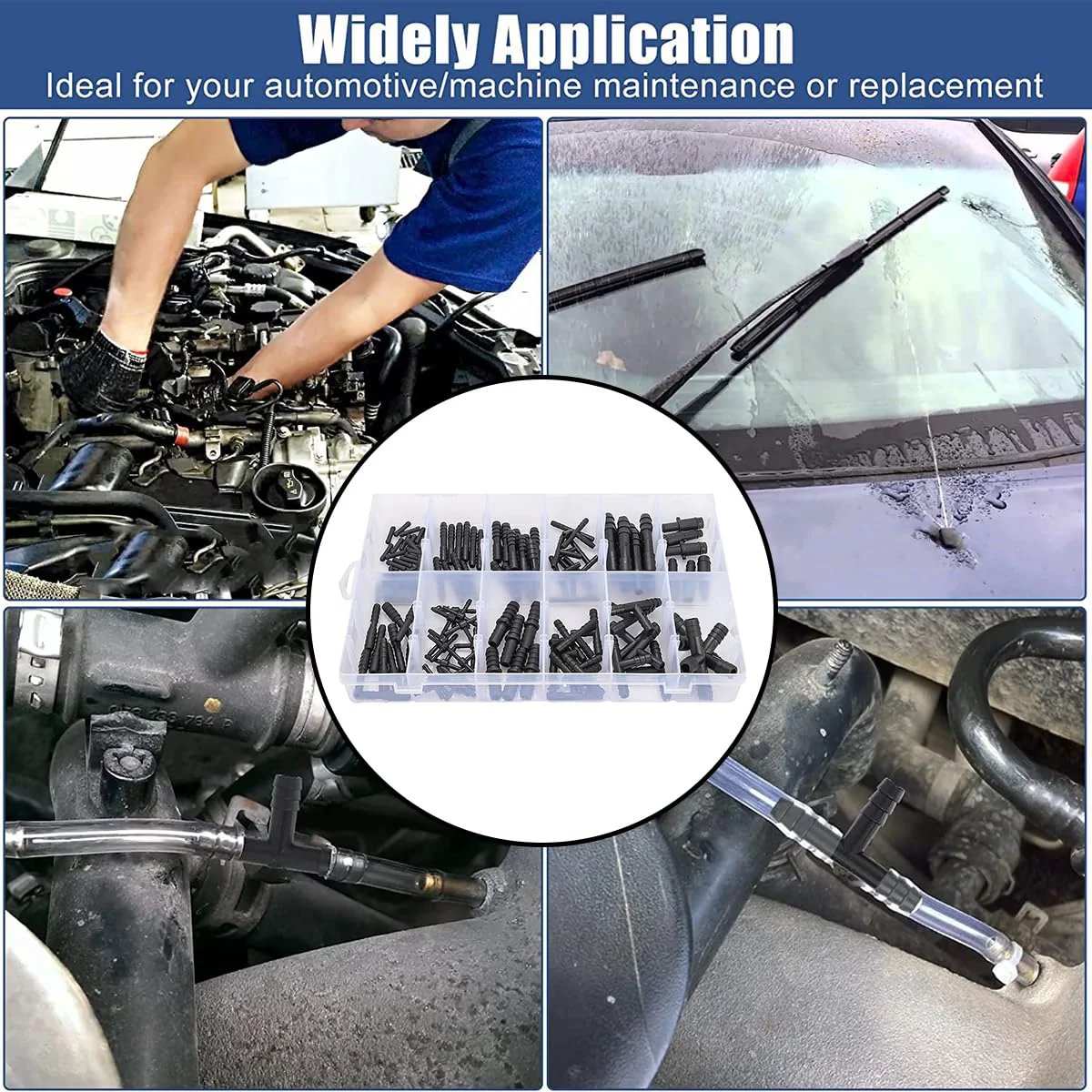 Nylon Barbed Vacuum Connector Kit With 113 Pieces From BELOMI displayed with car engine repair scene, showcasing hose fittings assortment.
