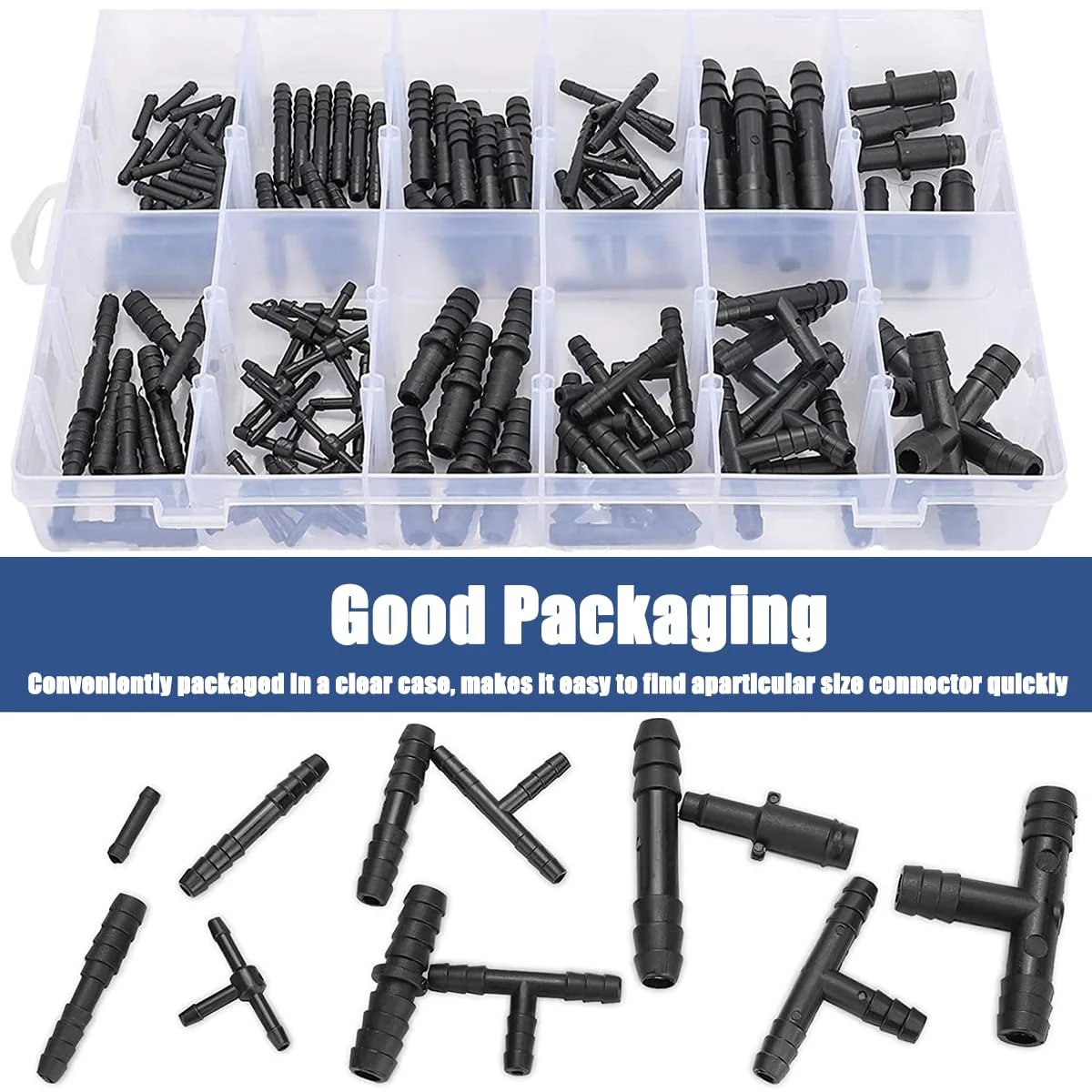 Nylon Barbed Vacuum Connector Kit With 113 Pieces From BELOMI displayed in organized storage case showing various sizes of hose fittings.