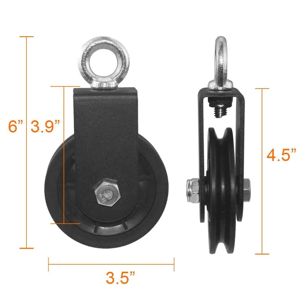 Cable Pulley - 3.54 In/90 mm 360 Degree Rotation Traction Wheel, Strong Bearing Capacity Pulley System for Home Gym and Lift Cable Machine - 1 Pack, showing front and side views with dimensions.