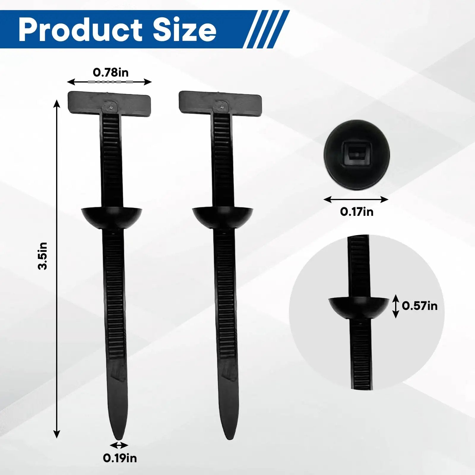 Universal Automotive Nylon Cable Tie Kit With 100 Pieces showing product size and snap fit locking design