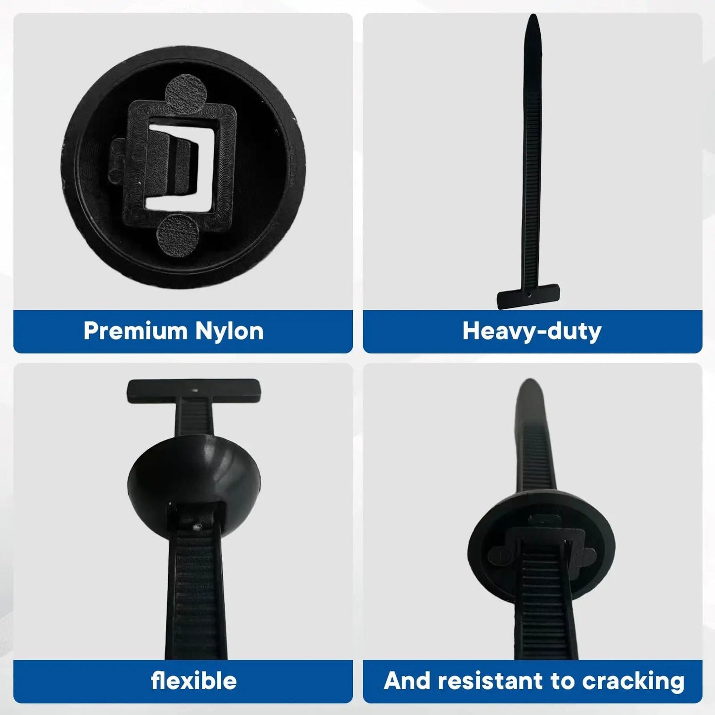 Universal Automotive Nylon Cable Tie Kit with 100 Pieces showing close-ups of heavy-duty zip tie clips and snap fit locking design.