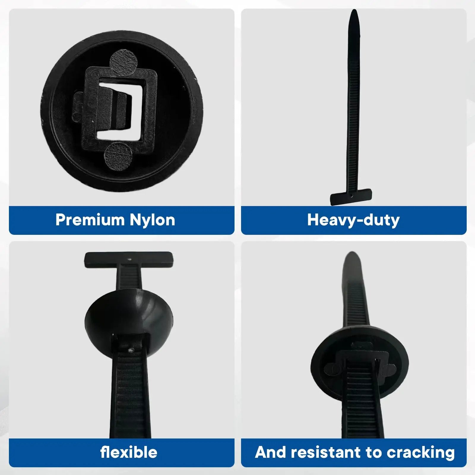 Universal Automotive Nylon Cable Tie Kit with 100 Pieces showing close-ups of heavy-duty zip tie clips and snap fit locking design.