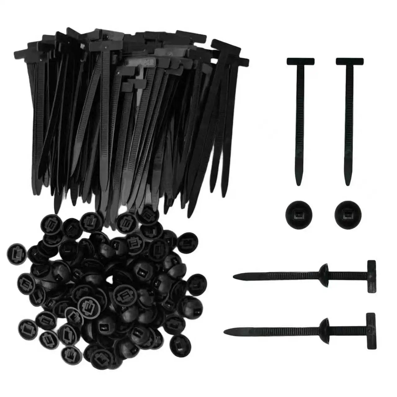 Universal Automotive Nylon Cable Tie Kit With 100 Pieces, Heavy Duty Zip Tie Clips displayed, includes ties and clips