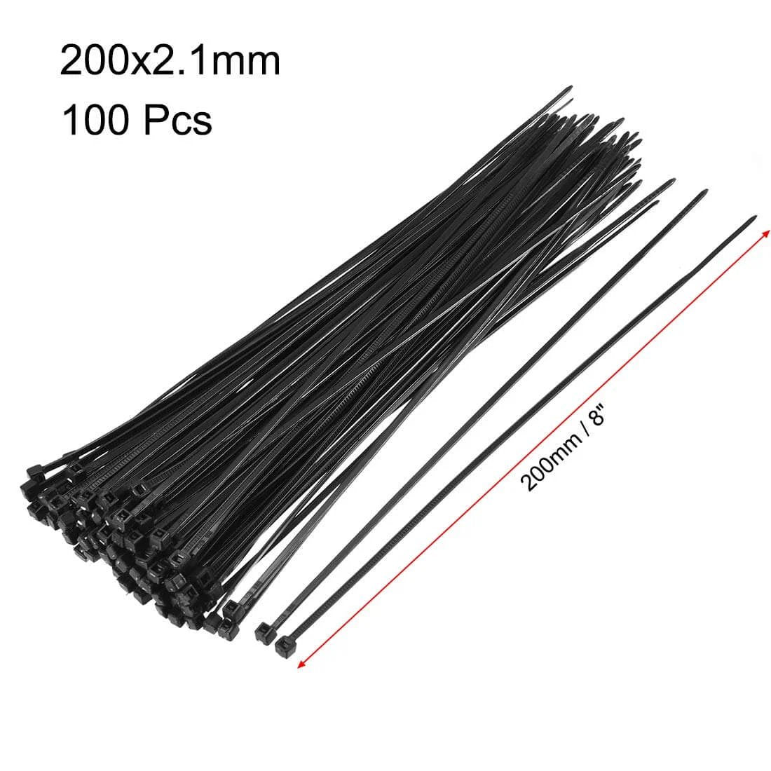 Bundle of Nylon Cable Ties 8 Inch Self-Locking Zip Ties 0.08 Inch Width Black 100pcs for wire and cable management