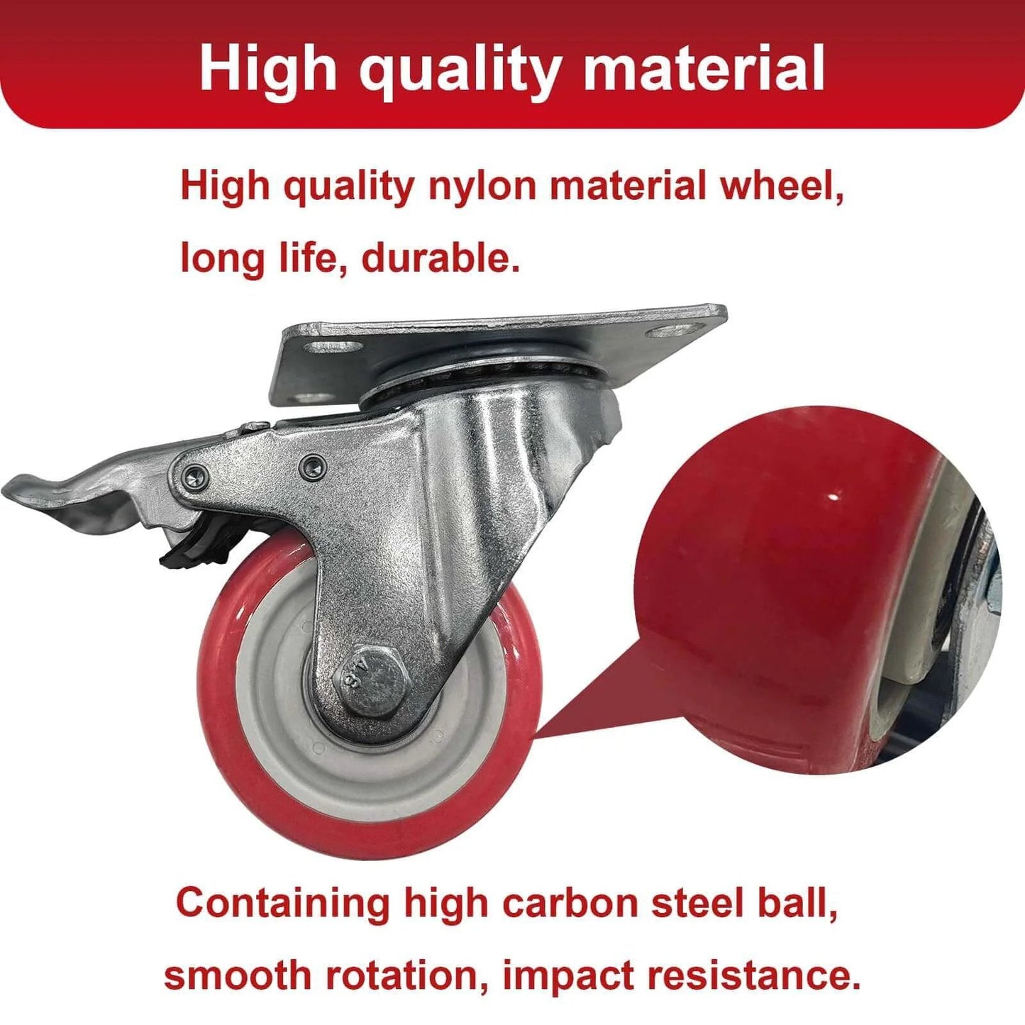 Close-up of an 8 piece 4 inch heavy duty locking swivel caster with brakes, nylon wheel, and metal mount for carts and workbenches.