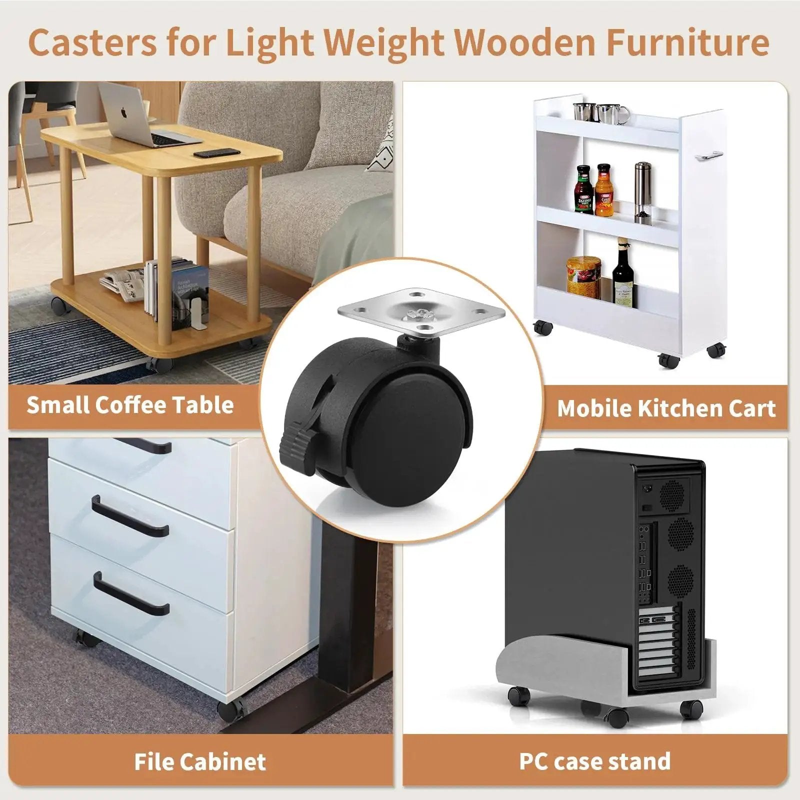 1.5 Inch Nylon Plate Caster Wheels With Brakes, swivel furniture casters shown on coffee table, kitchen cart, file cabinet, PC case