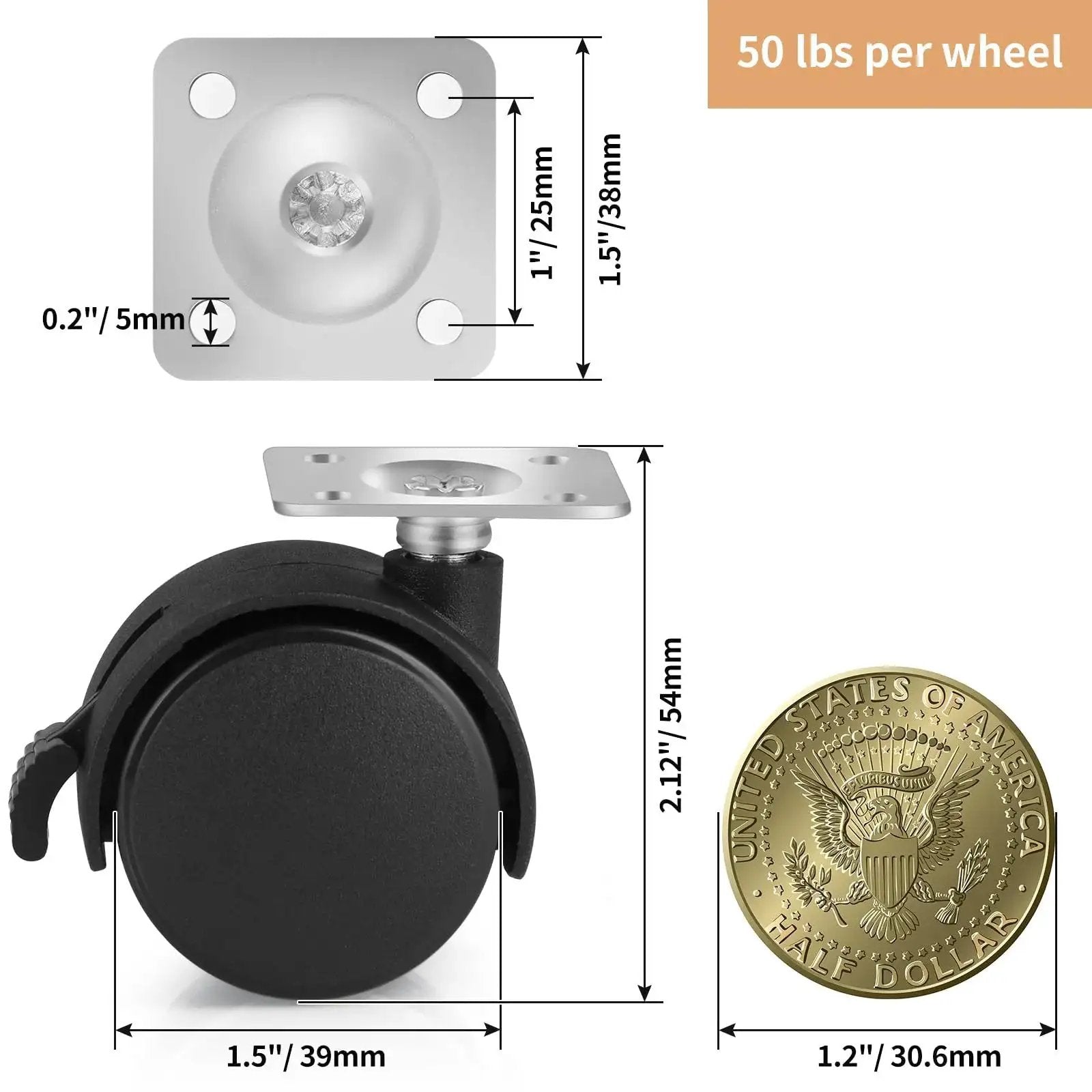 1.5 Inch Nylon Plate Caster Wheels With Brakes, Swivel Furniture Casters For Light Duty, 50 lb Load Capacity, Size Comparison