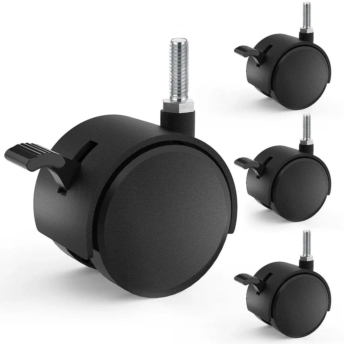 Set of 4 black 2 Inch Nylon Caster Wheels With Brake, 5/16-18 Threaded Stem UNC Coarse Thread, for small furniture and carts.