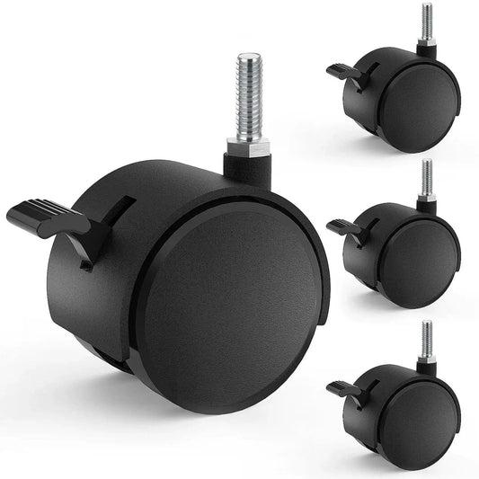 Set of 4 black 2 Inch Nylon Caster Wheels With Brake, 5/16-18 Threaded Stem UNC Coarse Thread, for small furniture and carts.