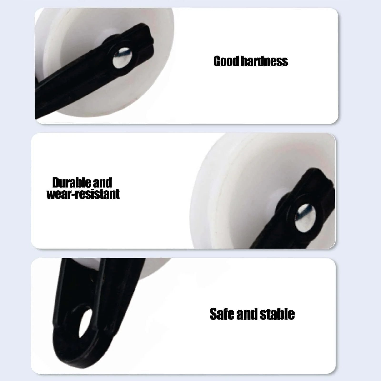 Close-up of 2 PCS Nylon Clothesline Pulley, 2-1/2-inch Diameter Nylon Pulley showing durability, hardness, and stability features.