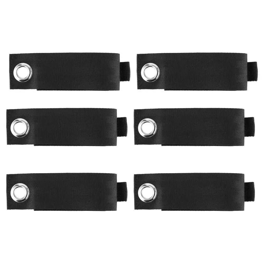 Six Pack Extension Cord Holders Organizer And Hose Storage Straps Hangers for Indoor and Outdoor Use; black nylon straps with metal grommets.