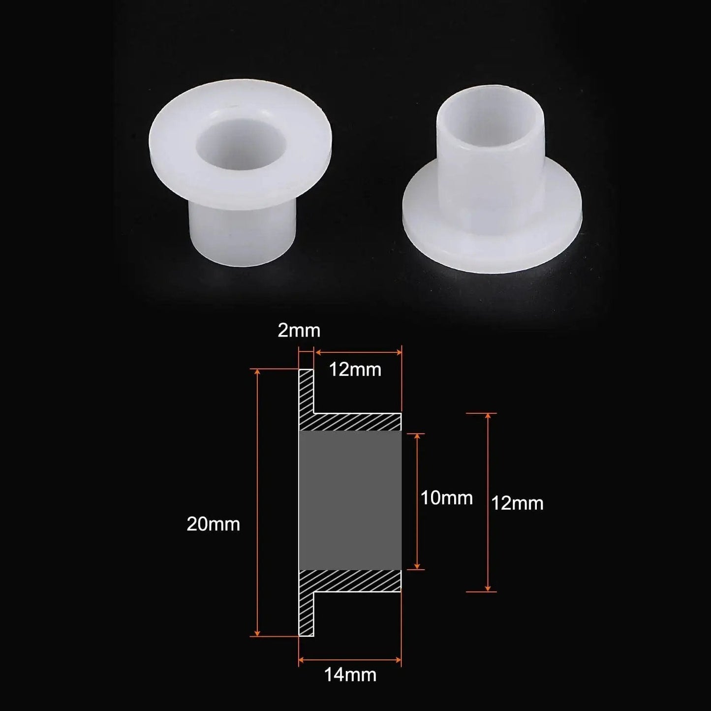 Diagram of Flanged Sleeve Bearings 10mm Bore Nylon Bushings For Shaft 12mm Outside Diameter 14mm Length Flange Diameter 20mm Flange