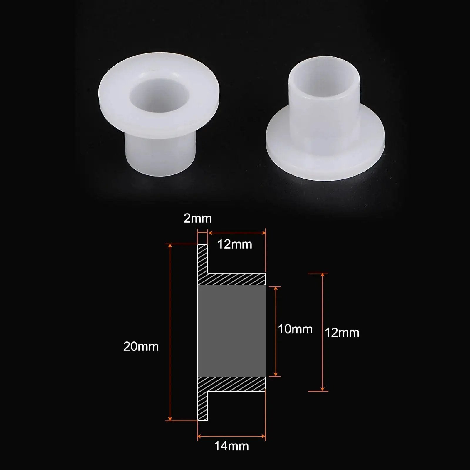 Diagram of Flanged Sleeve Bearings 10mm Bore Nylon Bushings For Shaft 12mm Outside Diameter 14mm Length Flange Diameter 20mm Flange